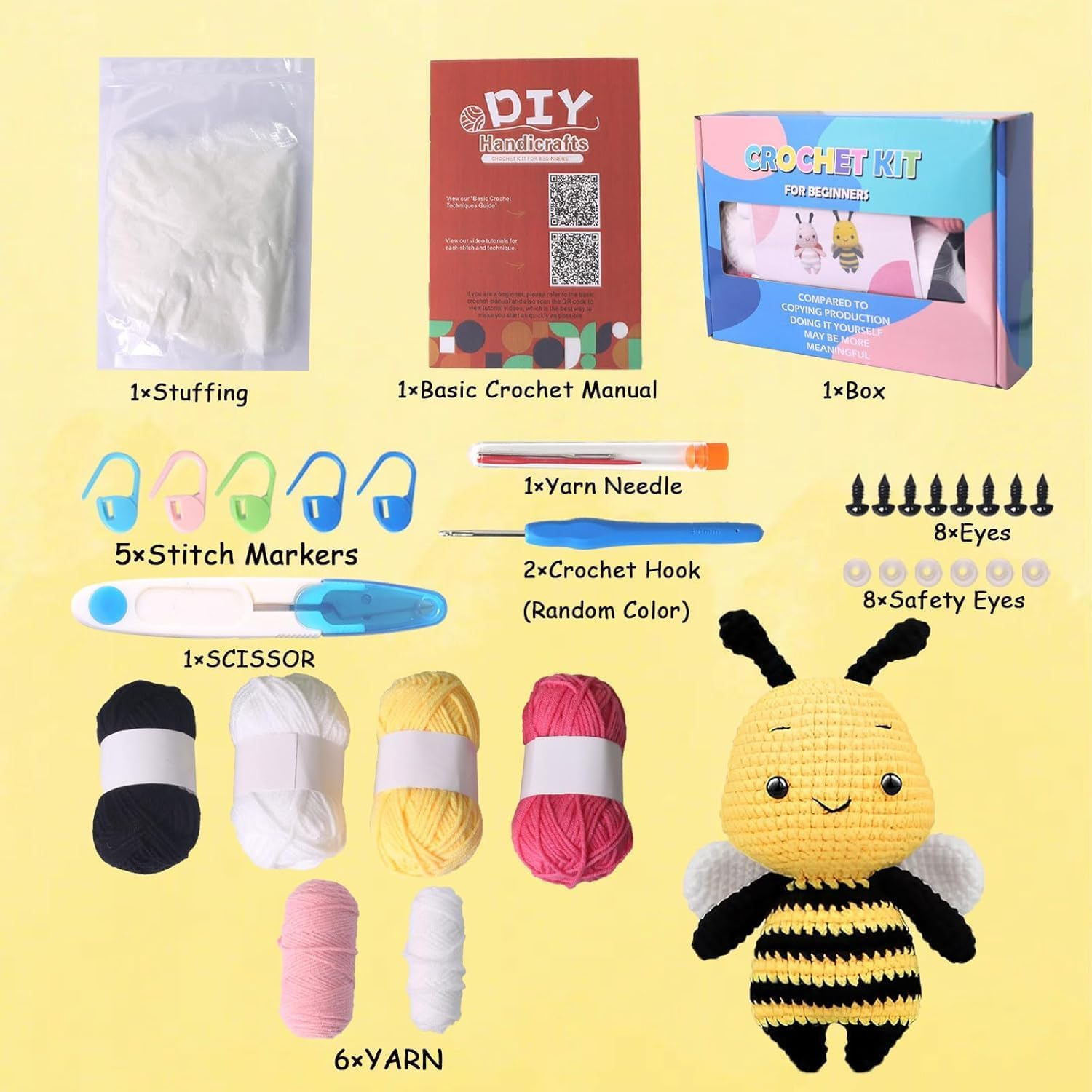 Crochet Kit for Beginners,Crochet Animal Kit for Beginners with Step-By-Step Video Tutorials,Learn to Crochet Kit for Kids Ages 13+ and Adults,Crochet Decoration Supplies DIY Craft Gift,Crochet Bees image number 2