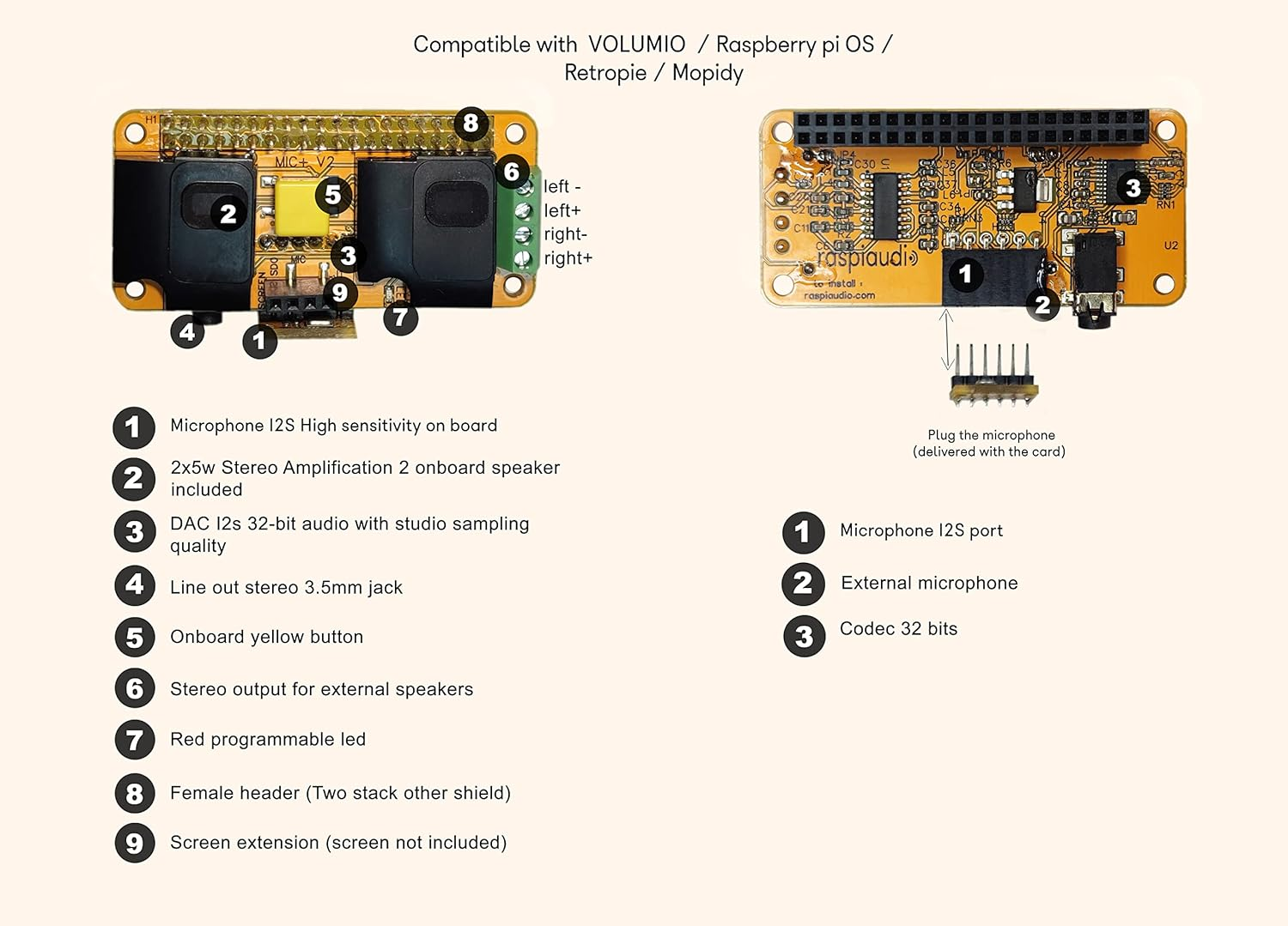 RASPIAUDIO Audio DAC Hat Sound Card for Raspberry PI5 All Models Pi4/ Pi Zero / Pi3 / Pi3B / Pi3B+ / Better Quality than USB (Mic+_V3) image number 1