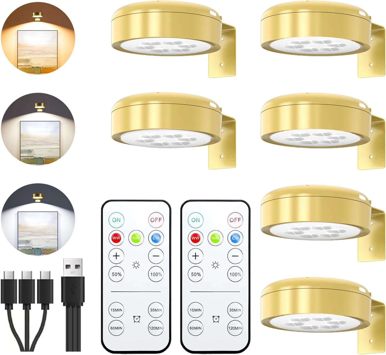 6Pcs Picture Lights with Remote Control, 2000Mah Rechargeable Poster Lights, 3 Color Dimmable Magnetic Wall Lamp with Timer, Decorative Lights for Art Display, Photo Frame and Art Portrait (Black)