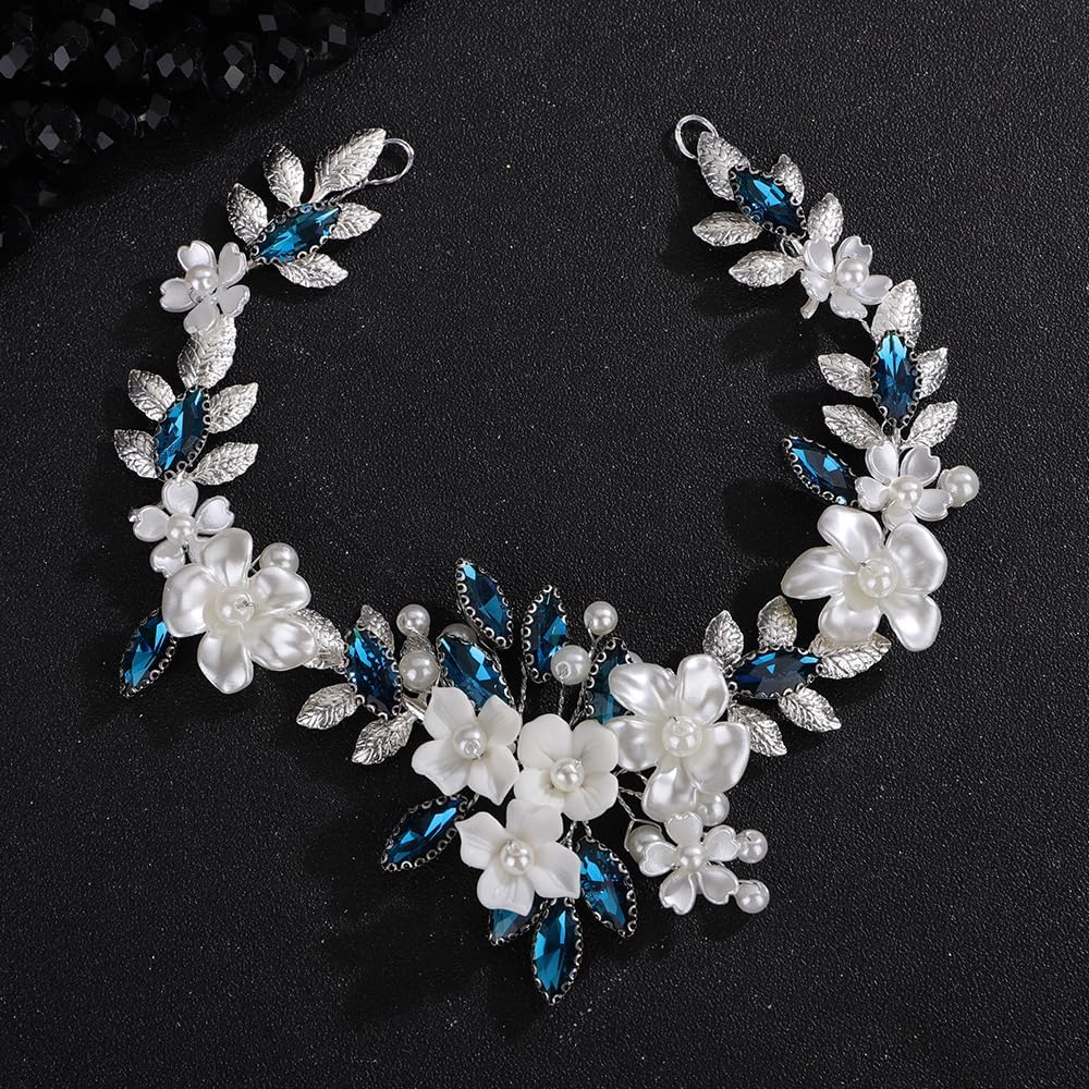 Teyglen Silver Leaf Flower Hair Vine Floral Flower Headpiece Blue Crystal Bride Wedding Headband Bridal Hair Accessories for Women Silver Rhinestone Pearl Hair Piece (Blue)