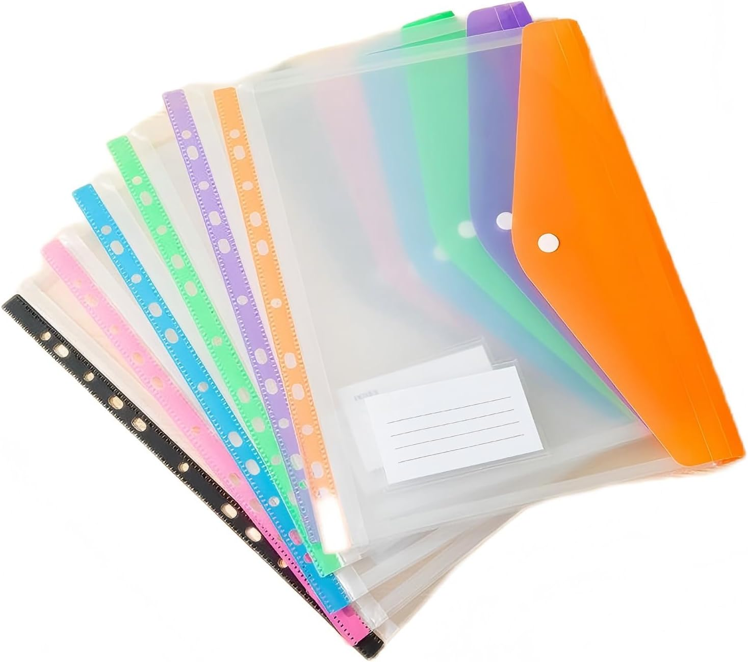 LORJE 6 Pcs Plastic File Folder Envelopes with Label Pocket, Transparent Assorted Colours Document Folders,A4 Clear Folders,File Envelopes Folder.