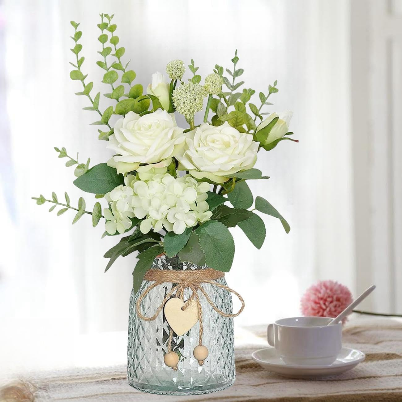 Artificial Flowers with Glass Vase Fake Flower Bouquet Faux Rose in Vases for Home Dcor Flowers Modern Home Decor Table Decorative Flower Vase for Dinner Office Bedroom, White - White image number 2