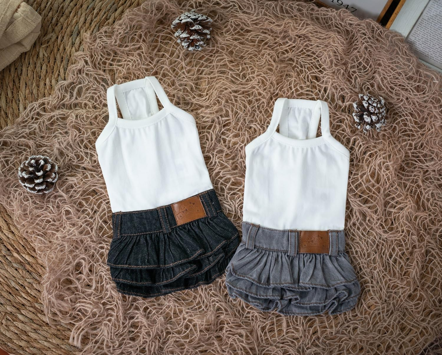 Taniwina Pet Costume Cotton Bottoming Denim Cake Skirt Pet Clothing for Small Dogs (M,Gray Camel Base) image number 4