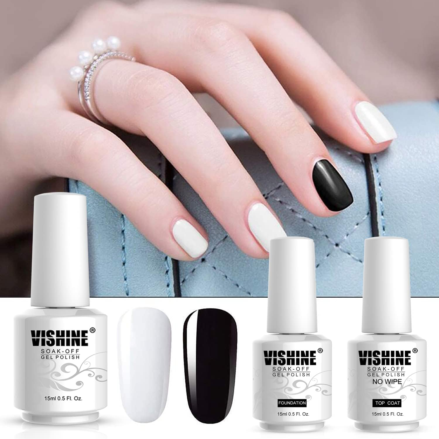 Vishine 4Pcs Black White Gel Nail Polish Color Collection Base Top Coat Soak off UV LED Gel Color Set Nail Lacquers Manicure Nail Art Halloween Gift Kit 15Ml image number 1