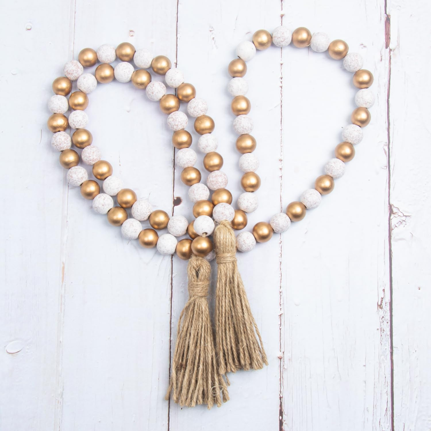 Wood Bead Garland with Tassels Home Decor Beads Prayer Beads Farmhouse Beads Wall Hanging Decor (143,Gold&Wash White) image number 1