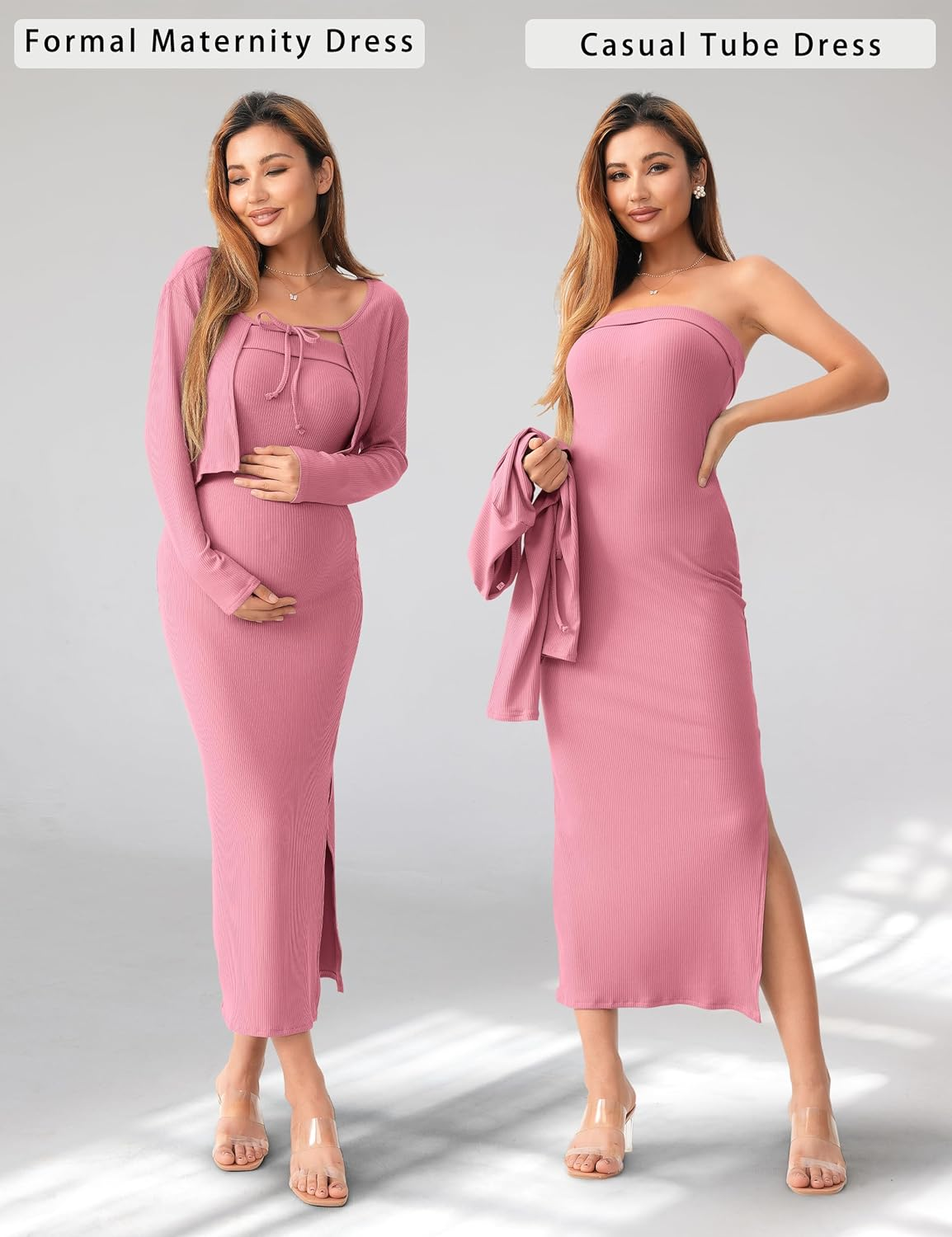 SUNNYBUY Baby Shower Maternity Tube Dress Short Cardigan Bodycon Ribbed Maxi Dress Casual 2 Piece Pregnancy Outfit Set, Dark Pink, Large image number 3