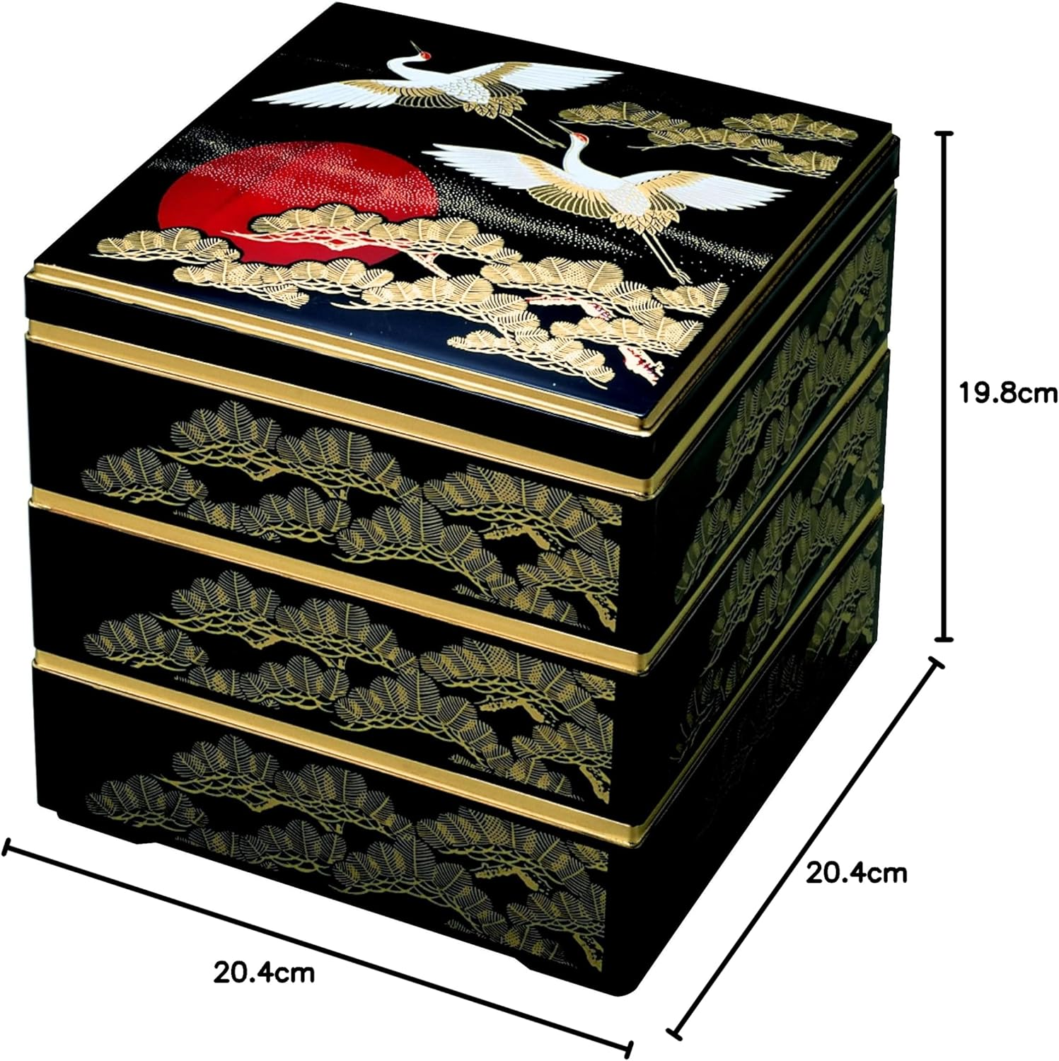 Wakaizumi Lacquerware H-158-34-A 3-Tier Box, 6.5 Size, Shige Kakukura, Black Hinode Crane (Inner Black)