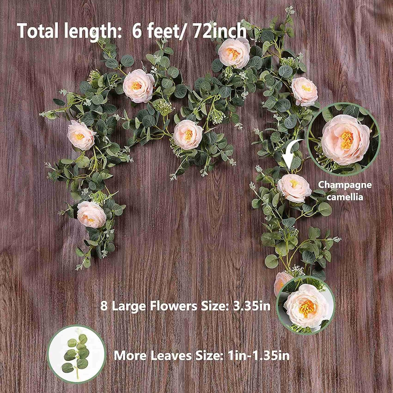 Qeunrtiy 2 Pack Eucalyptus Garland with Champagne Rose, Greenery Garland Bulk Artificial Silk Floral Eucalyptus Leaves Vines(B) image number 2