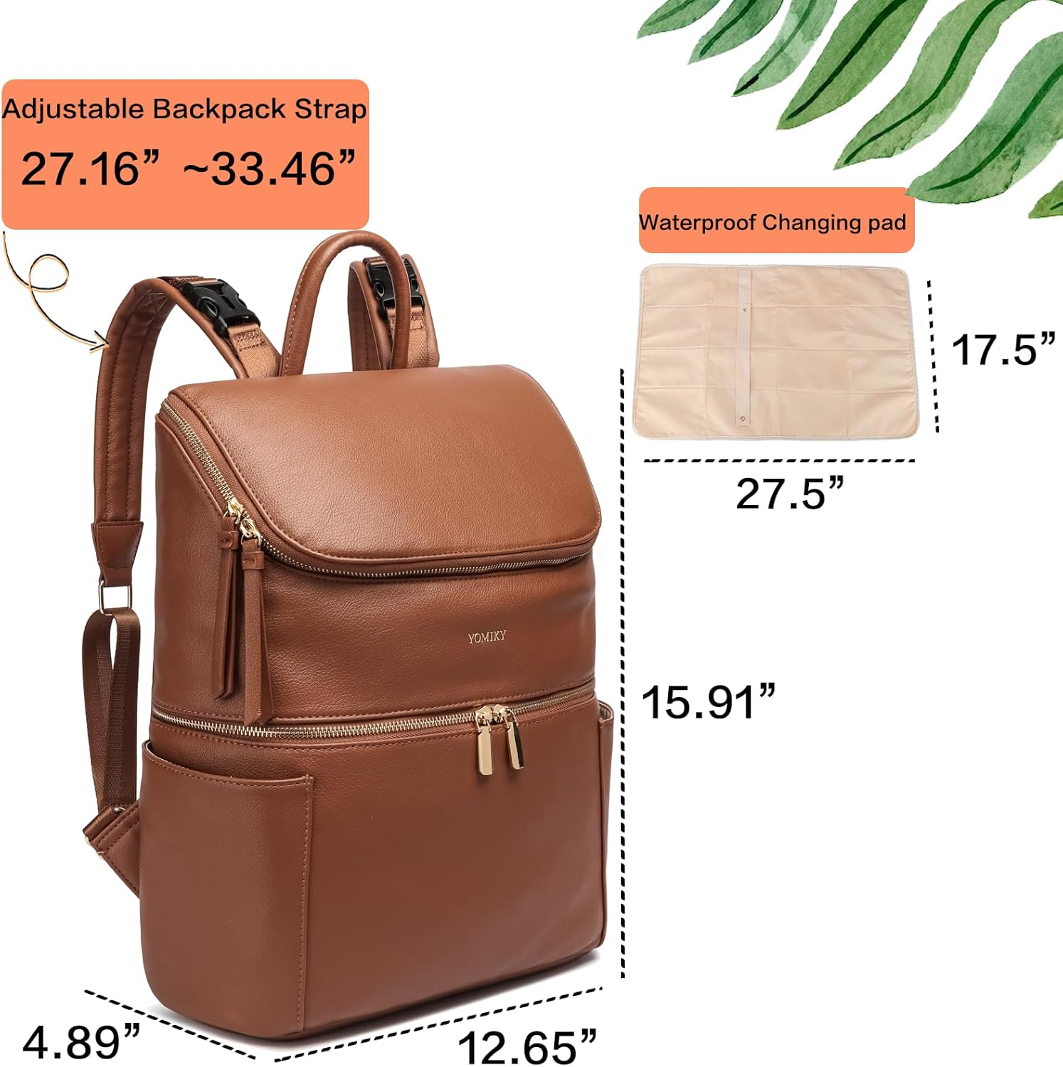 Leather Diaper Bag Backpack for Women with Multiple Pockets,Laptop Compartment and Changing Pad. - Grey image number 6