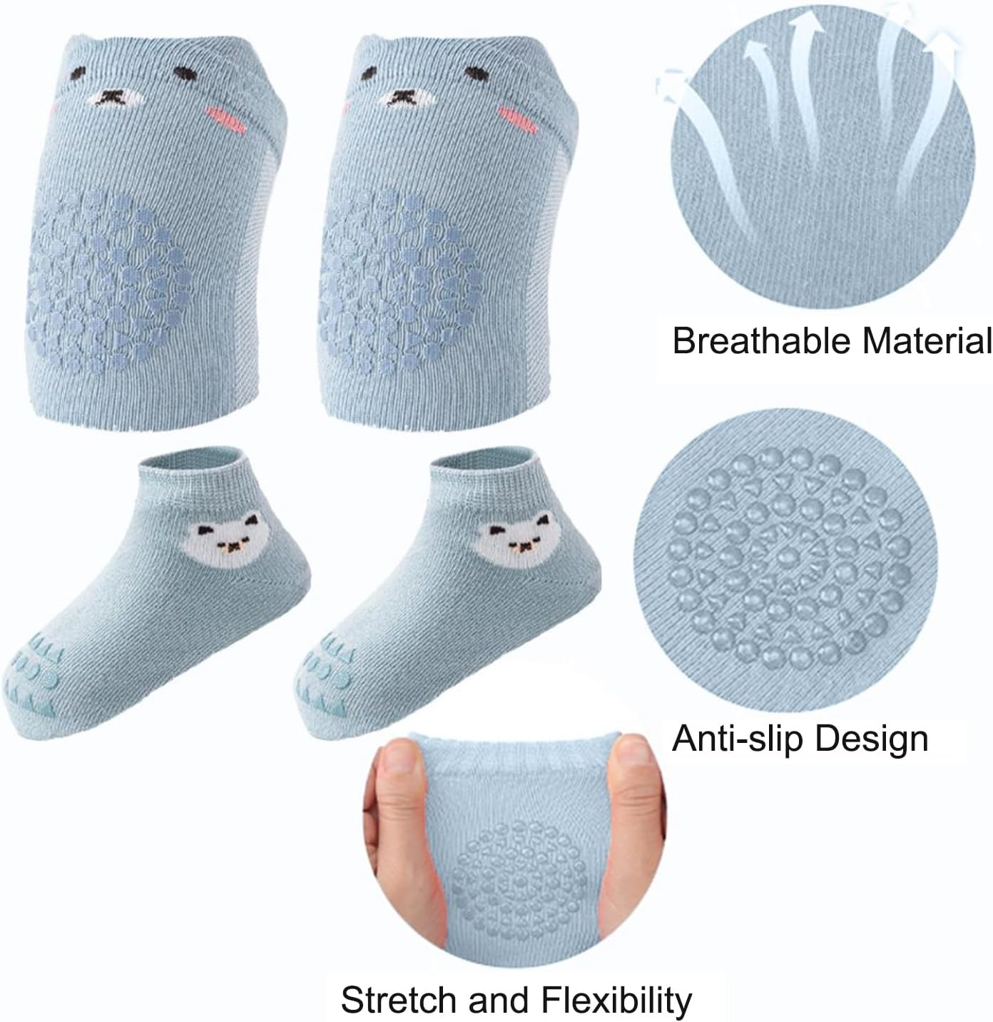 4 Pairs Baby Crawling Knee Pads and Socks Set, Toddler Baby Knee Protectors and Socks for Crawling, Infant Boys Girls with Grips image number 4