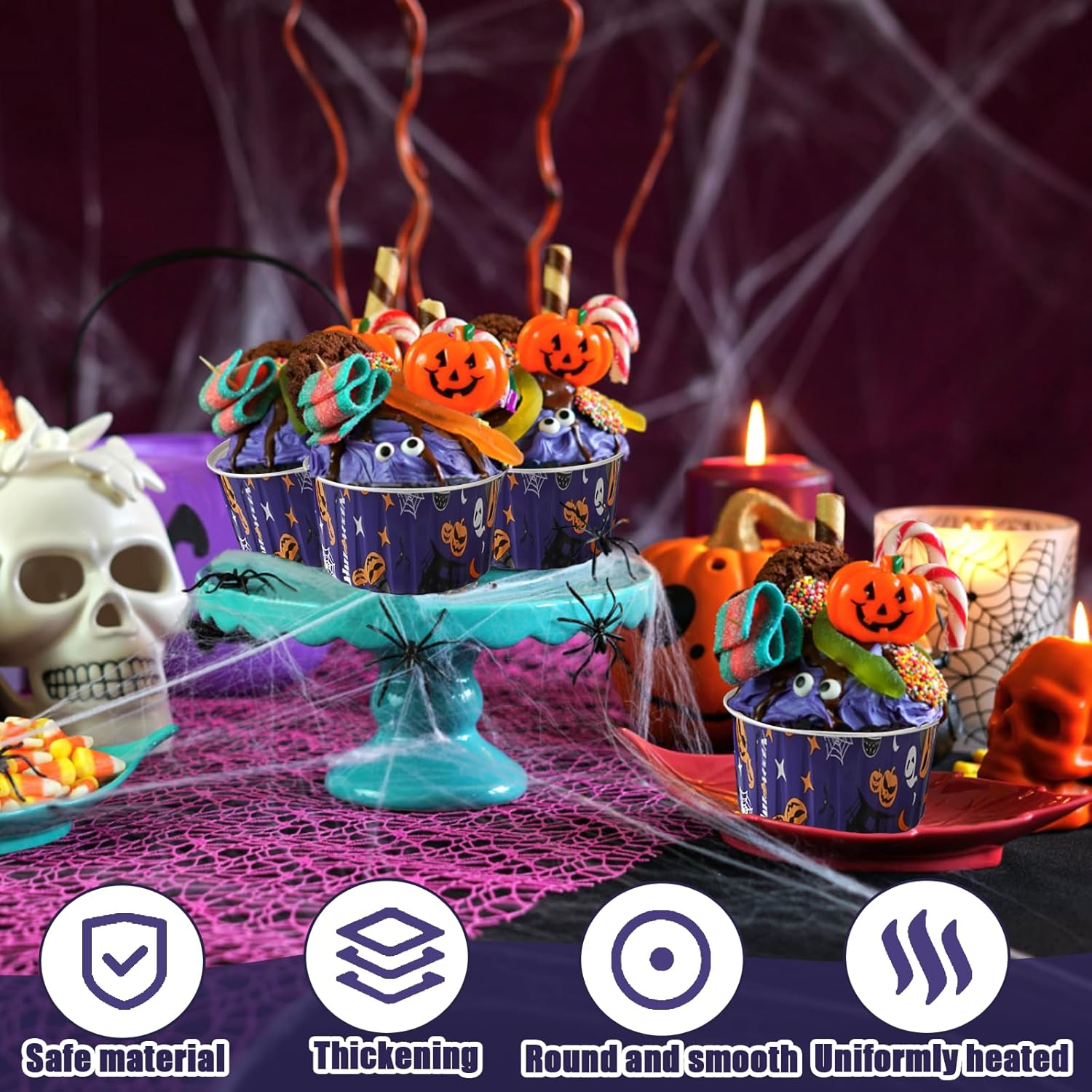 100 Pcs 5 Oz Halloween Baking Cups Mini Cupcake Liners with Lids Disposable Ramekins Pie Pans Cake Tins Containers for Halloween, Party, Wedding (Purple) image number 1