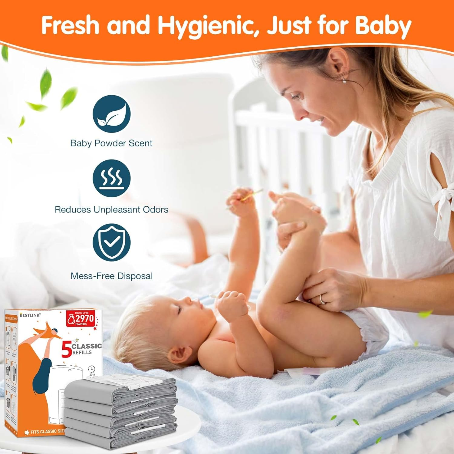 5 Pack Refills Compatible with DEKOR CLASSIC Diaper Pails | 20% Extra Length Diaper Pail Refill Bags Liners Holds 2970 Diapers | Ultimate Odor Control with Baby Scented image number 3