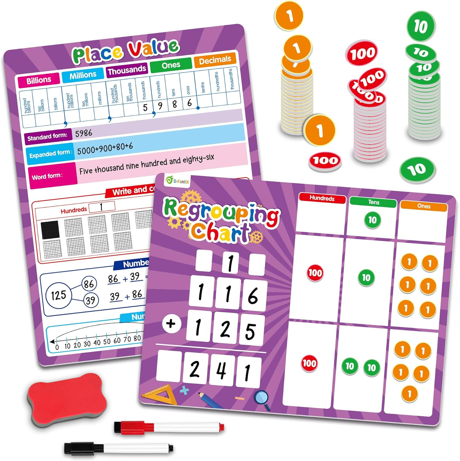Regrouping Base Ten Place Value, Addition and Subtraction Math Manipulatives for 1St 2Nd 3Rd Grade, Double Sided Magnetic Dry Erase Board for Kids Classroom Must Haves Homeschool Supplies image number 5