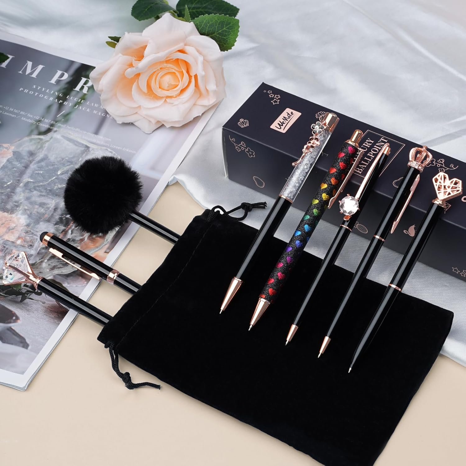 WEMATE 8Pcs Ballpoint Pens Set Metal Crystal Diamond Pen Glitter for Journaling Black Pen Bling in Black & Blue Ink Pretty Cute Pens Fancy Pens Gifts for Women Wedding School Office Desk(Black)