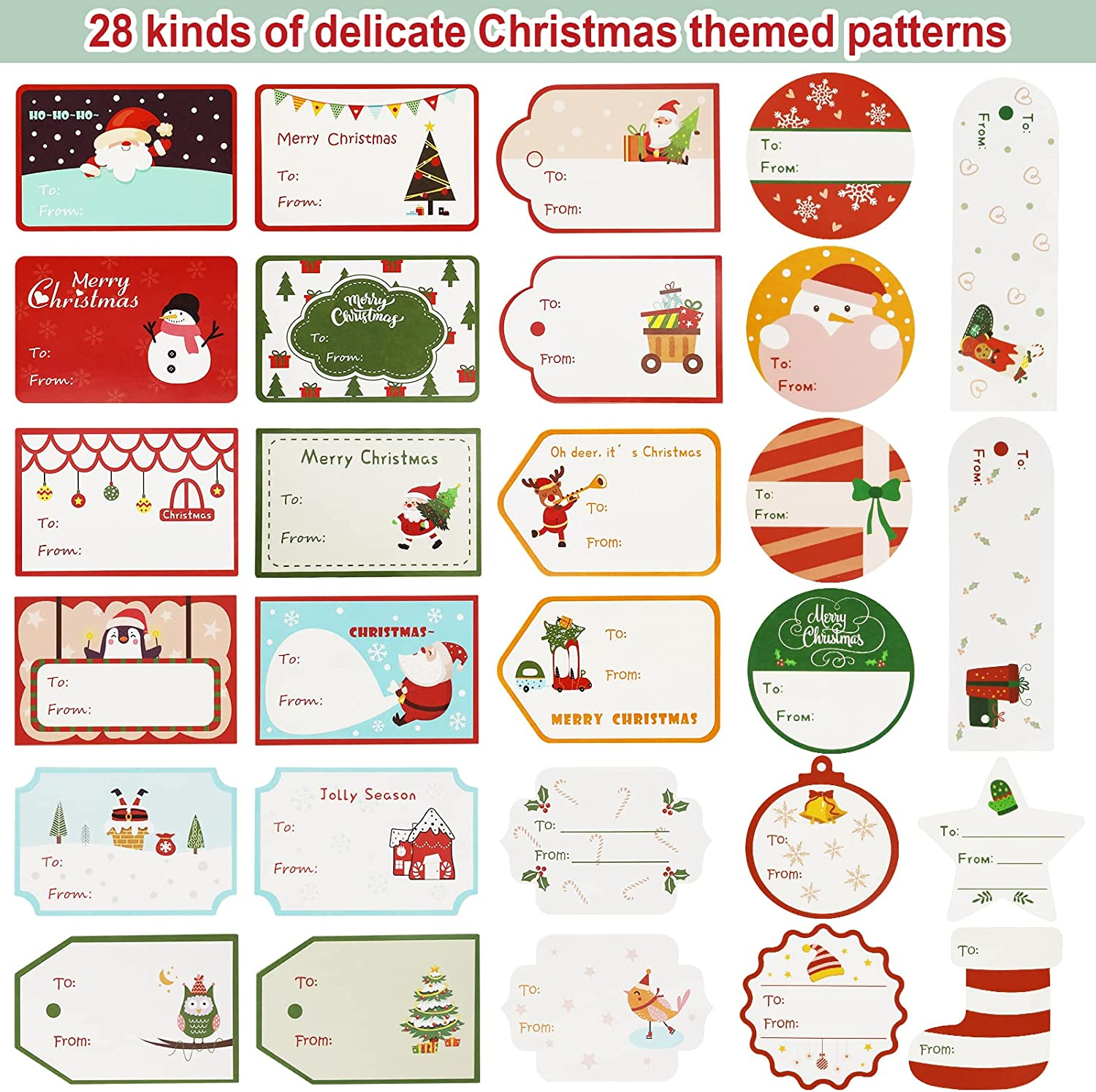 Hianjoo Gift Tags Stickers for Christmas, Gift Name Tags Stickers for Christmas Presents 112Pcs, 28 Designs Self-Adhesive Labels, to from Xmas Gift Tags Xmas Festival Birthday Wedding Decor