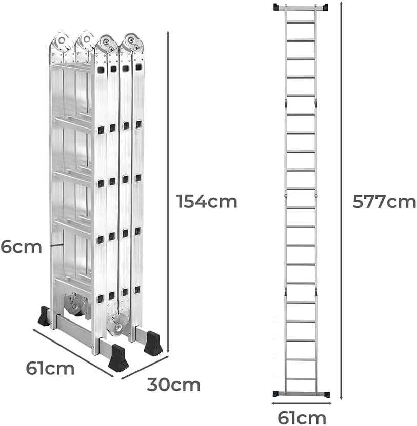 Traderight Multi Purpose Ladder Aluminium Folding Platform Extension, Multi Position Step Foldable Ladders for Home Garage Outdoor Work, 20 Rungs 5.7M Silver image number 2