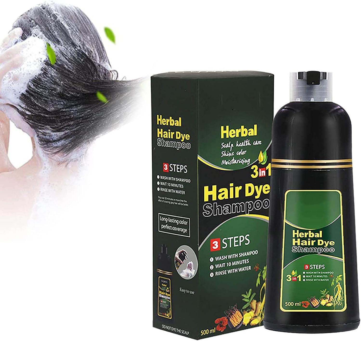 10 Mins Herbal Hair Darkening Shampoo, 500Ml Natural Herbal Hair Dye Shampoo 3 in 1, Multi-Color Hair Dye for Men and Women, Instant Shine Cares for Your Hair (Black)