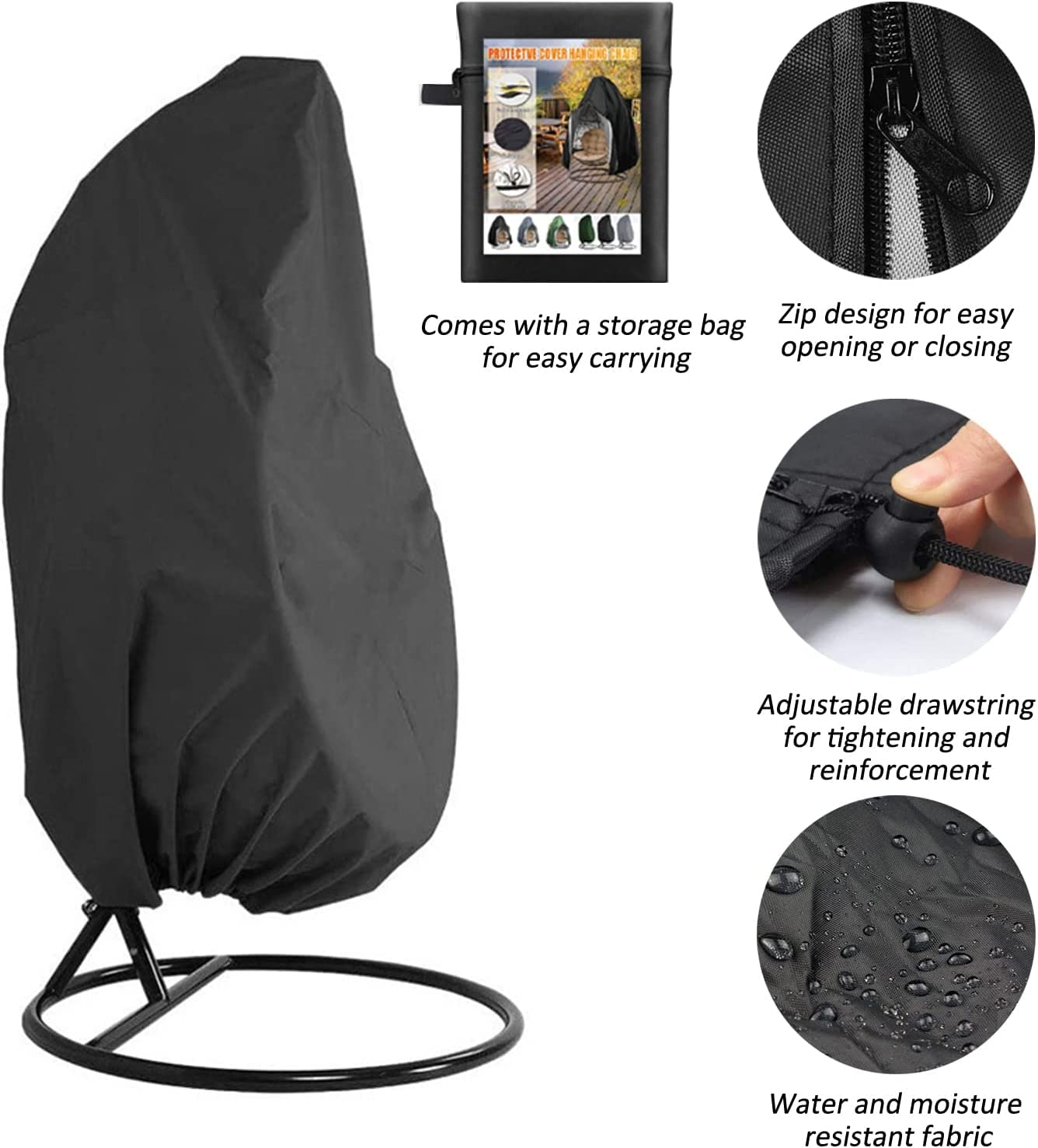 Egg Chair Covers, Outdoor Swing Egg Chair Cover Waterproof Anti-Dust with Zipper 210D Oxford Fabric Veranda Garden Lawn Chair Protector Furniture Accessory115X190Cm (Black) image number 2