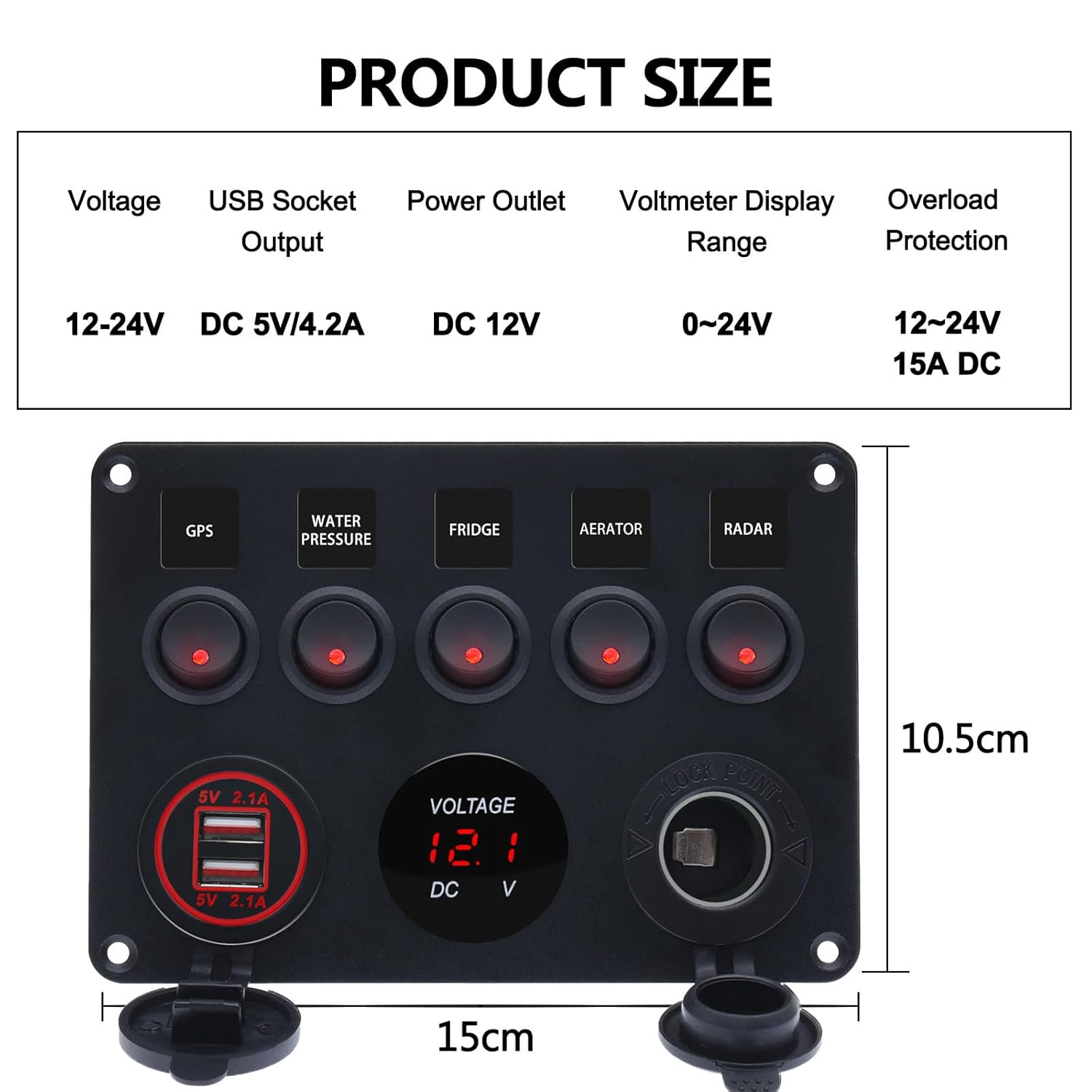 Boat 5 Gang Rocker Switch Panel for Car Rv Truck Marine Toggle Switches Waterproof 12V RED LED Aluminum Socket Panel with 4.2A Dual USB Charger + Cigarette Lighter + Voltmeter (5Gang RED) image number 1