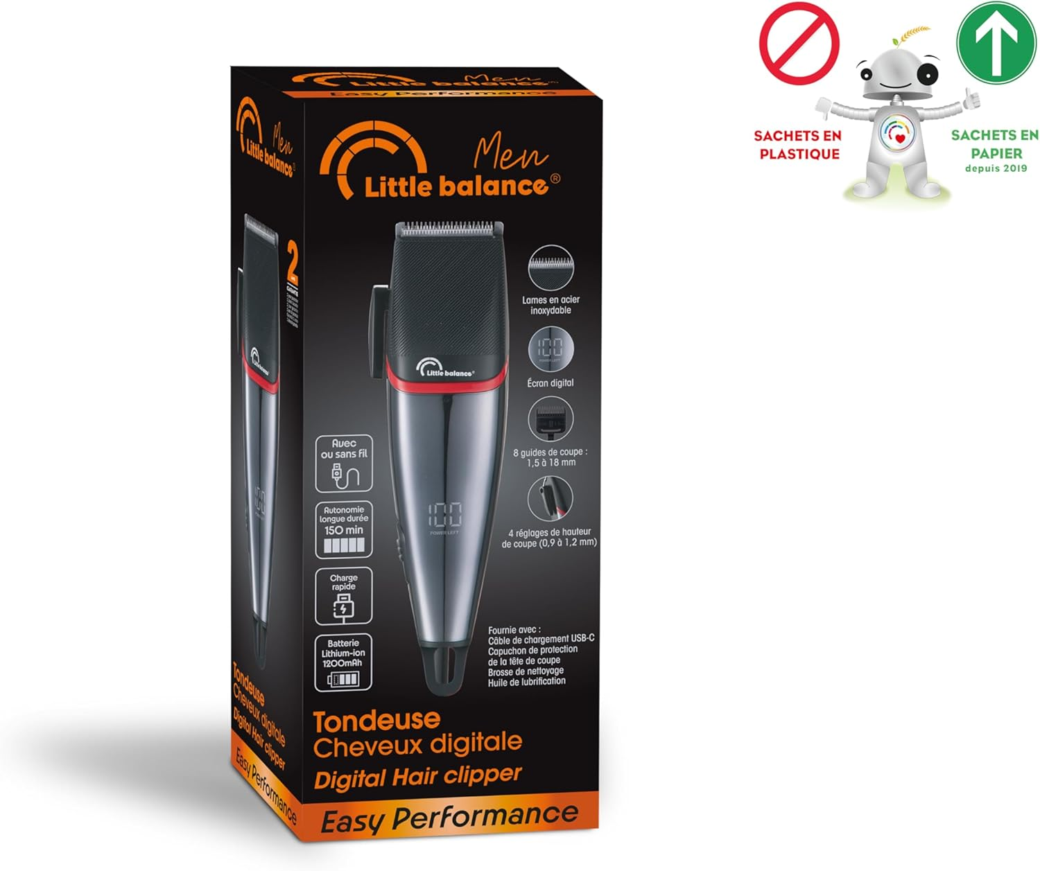 LITTLE BALANCE 8804 Easy Performance Hair Trimmer for Men, 2.5 Hours Runtime, USB-C Charging, LED Display, 8 Attachments, 4 Length Settings, Black image number 3