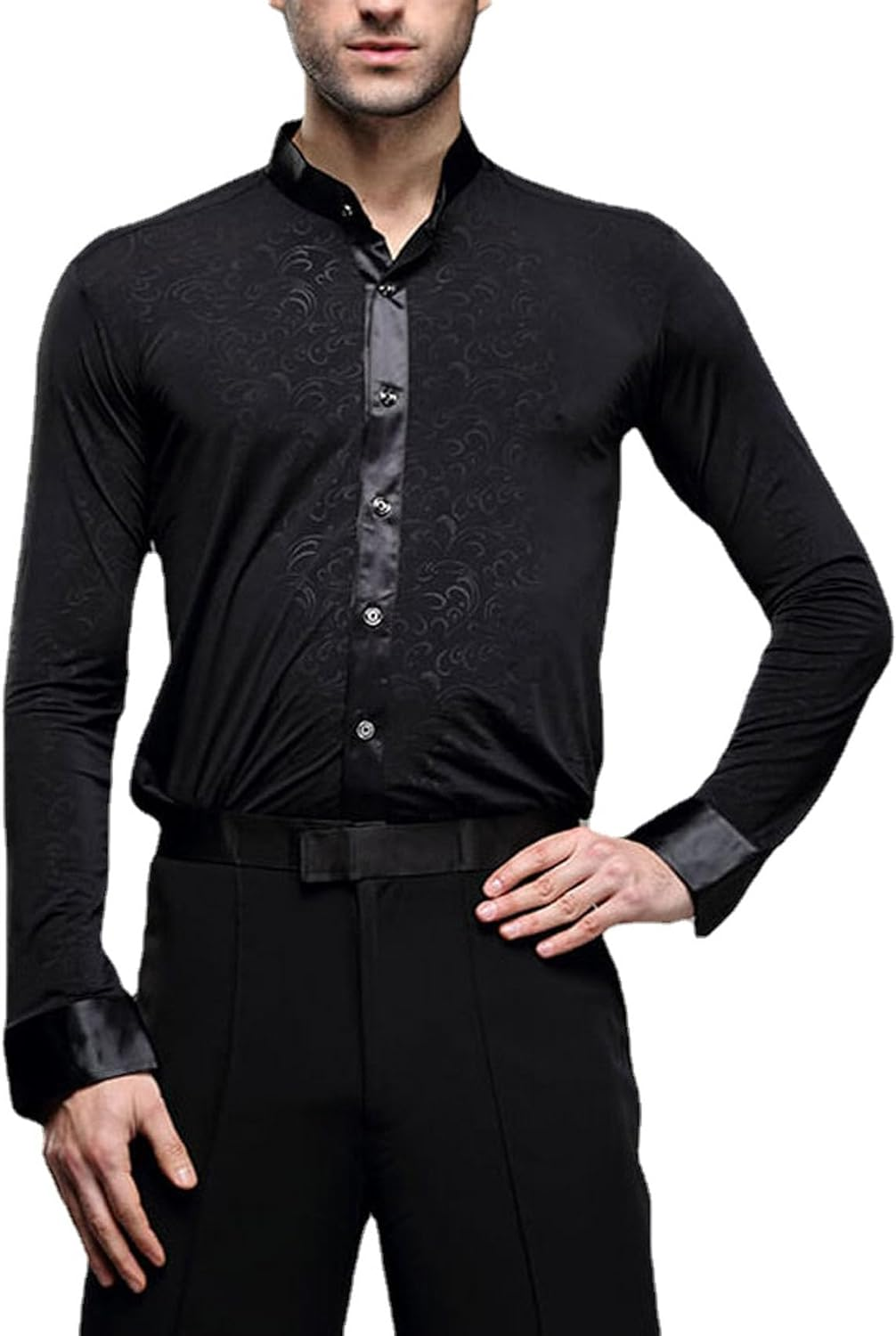 Men Professional Black Noble Dark Stripe Long Sleeves Latin Salsa Samba Chacha Modern Dance Shirts image number 2