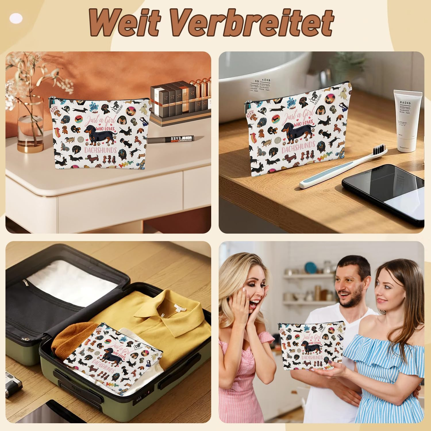 Cosmetic Bag for Girls Dachshund Makeup Bag with Zip for Girlfriend Dachshund Gifts for Animal Lovers Portable Toiletry Bag Women for Travel Everyday Life image number 2