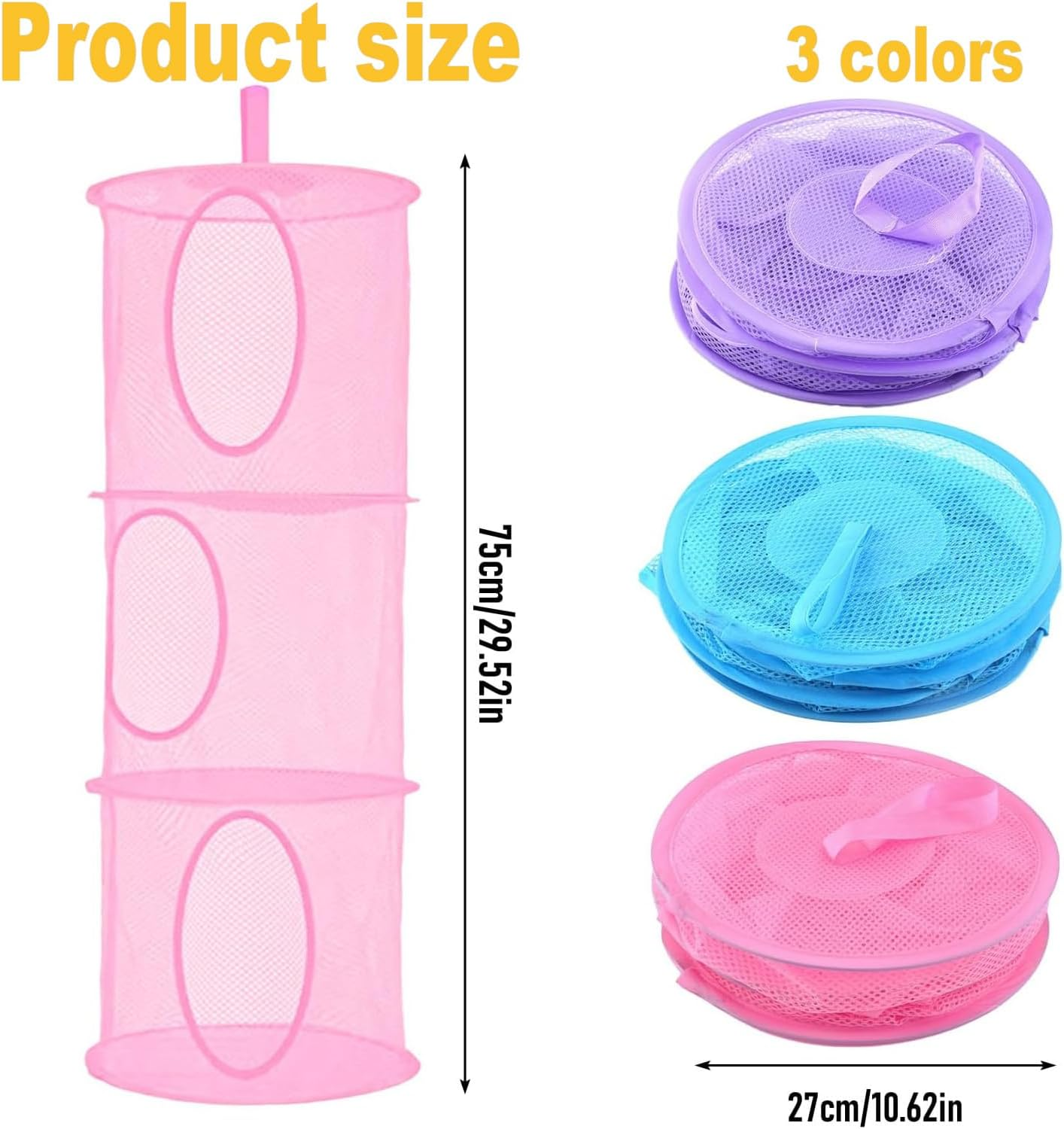 IONPSHG 3 Pack Hanging Mesh Space Saver Storage Bag 3 Tier Foldable Compartments Mesh Hanging Storage Organizer Large Capacity Toy Organizer Basket for Toys Small Clothes Home Bedroom Bathroom image number 4