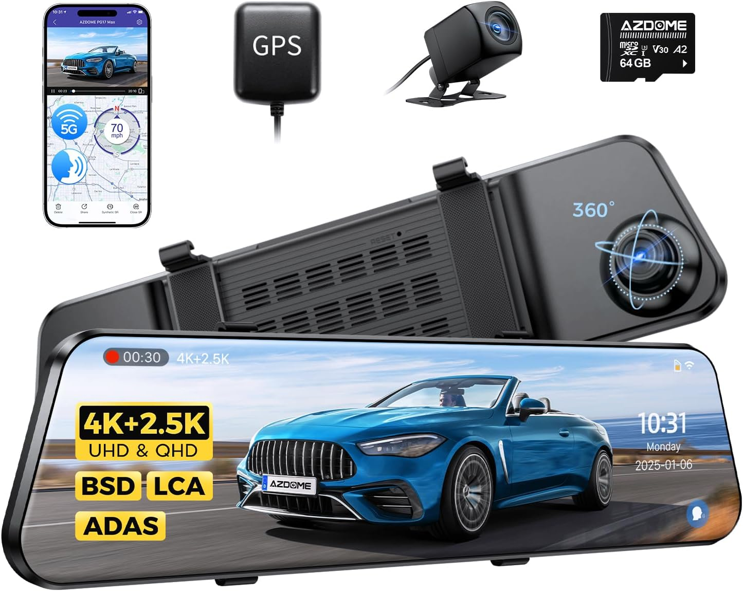 AZDOME PG17 Max 4K+2.5K Mirror Dash Cam with ADAS, BSD and LCA, 12" Rear View Mirror Camera with 5Ghz Wifi and Voice Control, Rearview Mirror Backup Camera Includes 64GB Card, GPS, Parking Monitor