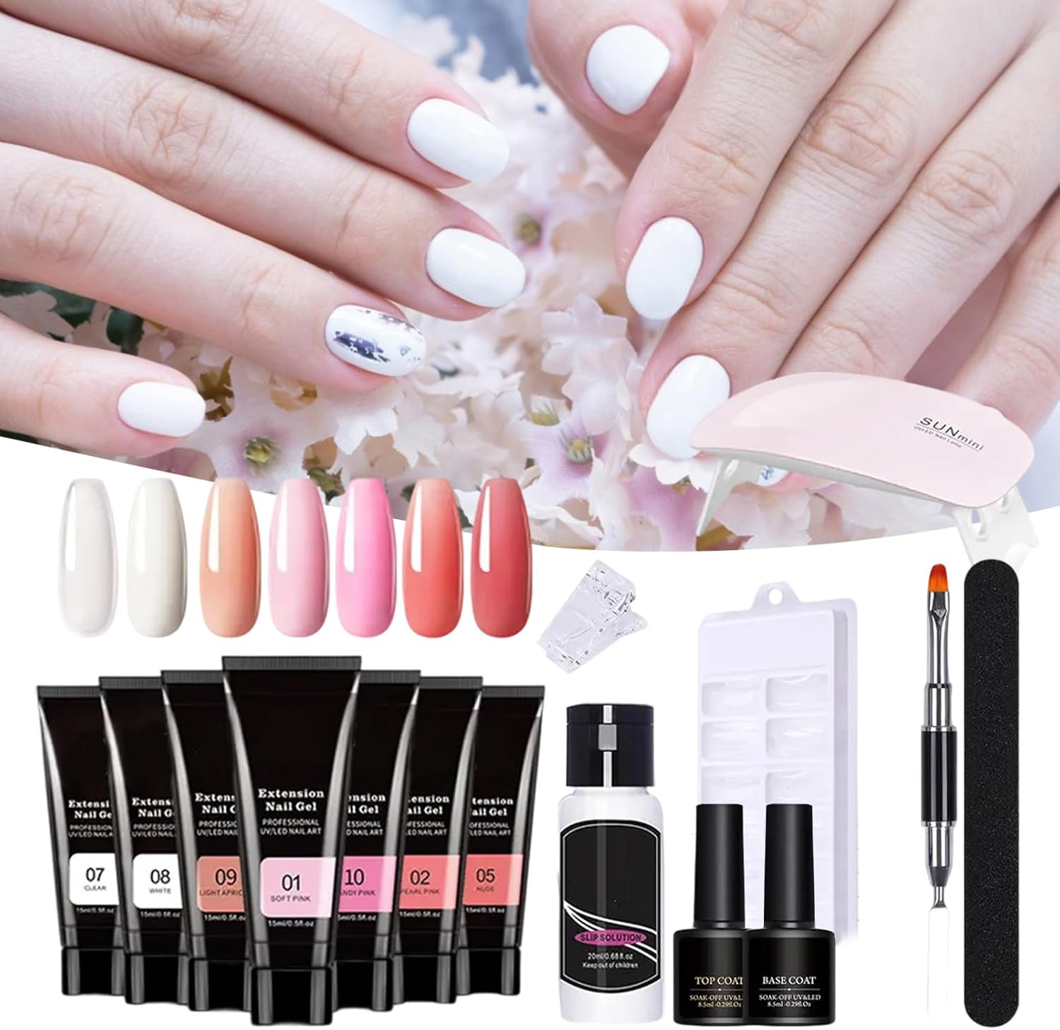 Poly Nail Kit | Gel Set with UV Light Poly Nail Kit,Nude Thickening Solution 7 Colors Builder Toenail Art for Women image number 2