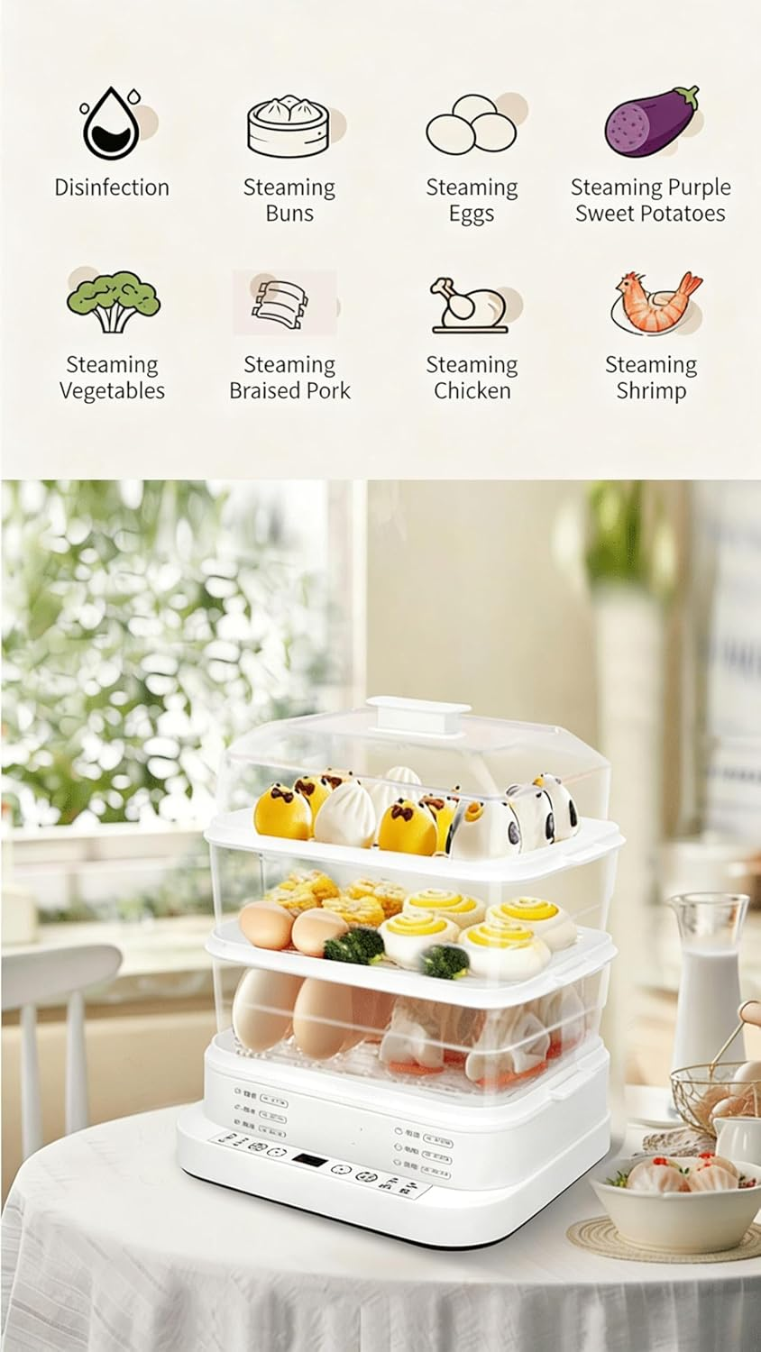 3-Tier 28L Electric Food Steamer, 800W, 220V, 50Hz, White, 320X285X400Mm, 12-Hour Smart Reservation, Multi-Function Steaming for Vegetables, Eggs, Chicken, Seafood image number 6