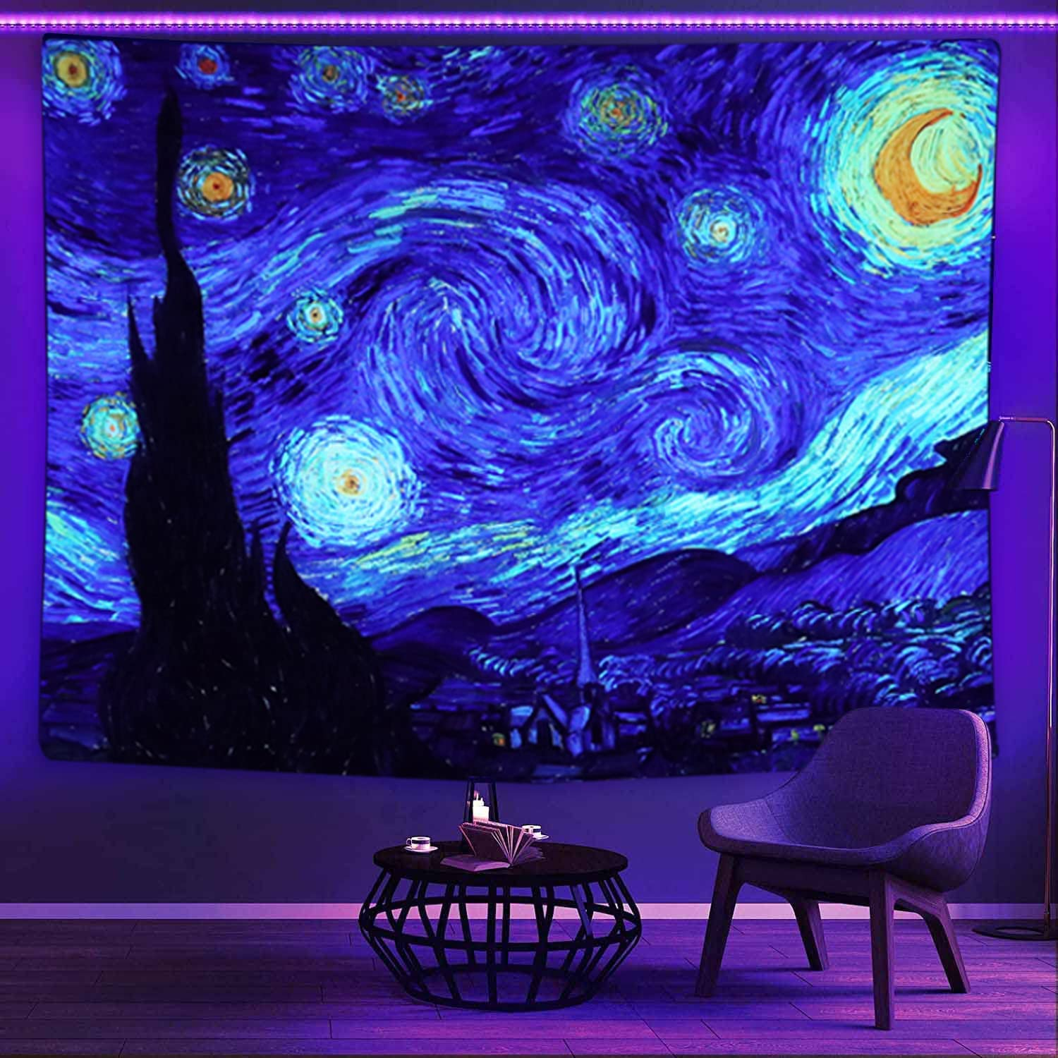 Blacklight Classical Tapestry UV Reactive Art Tapestry Starry Nigth Tapestry Black Light Poster Van Gogh Tapestry for Bedroom Aesthetic Tapestry Glow in the Dark Tapestries Home Decor 79" X 59" image number 4