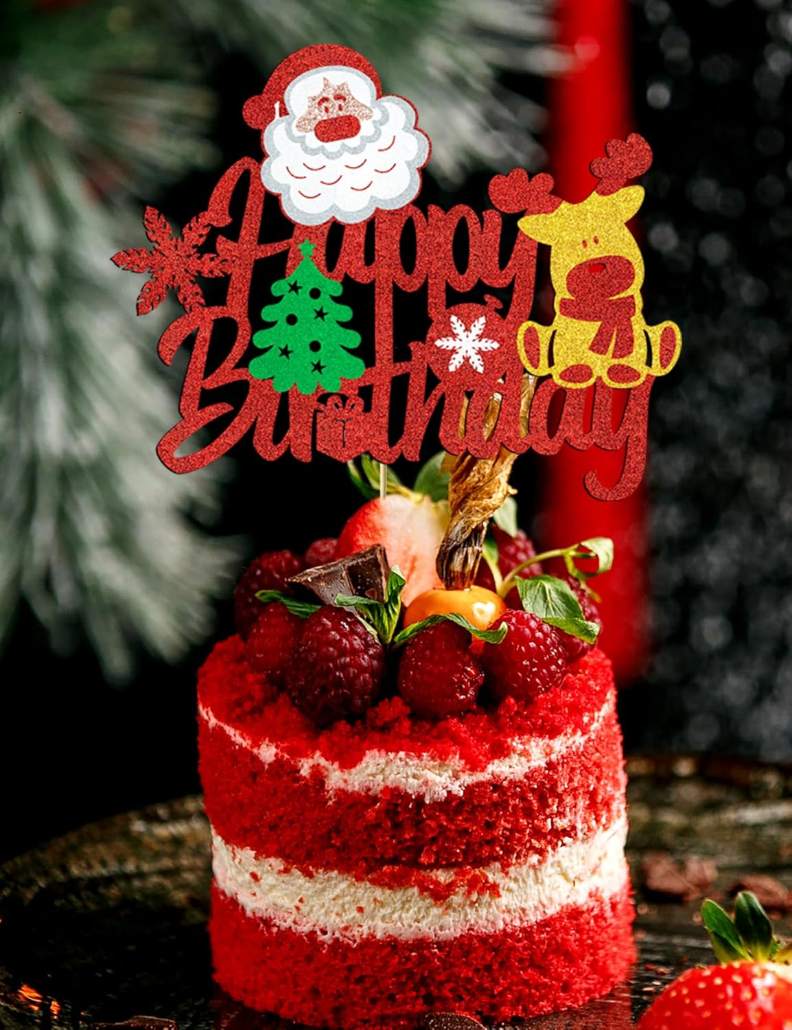 Biird Christmas Cake Topper Christmas Cake Decorations Birthday Cake Decorations with Glitter Christmas Tree Deer Santa Claus Cake Pick Decorations for Xmas Theme Happy New Year Party Supplies image number 3