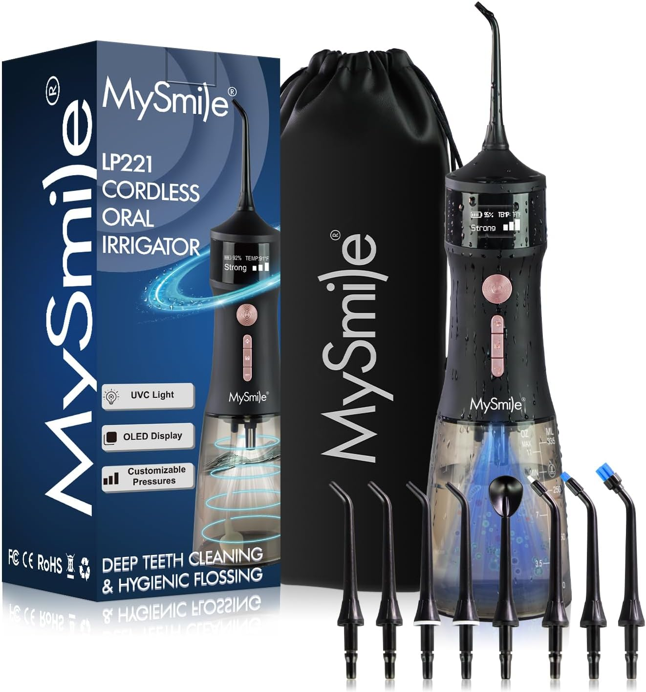 Mysmile Powerful Cordless 5 Modes Dental Water Flossers for Teeth Portable OLED Display Oral Irrigator with 8 Replaceable Jet Tips and 350 ML Detachable Water Tank for Home Travel Use (Juicy Pink)