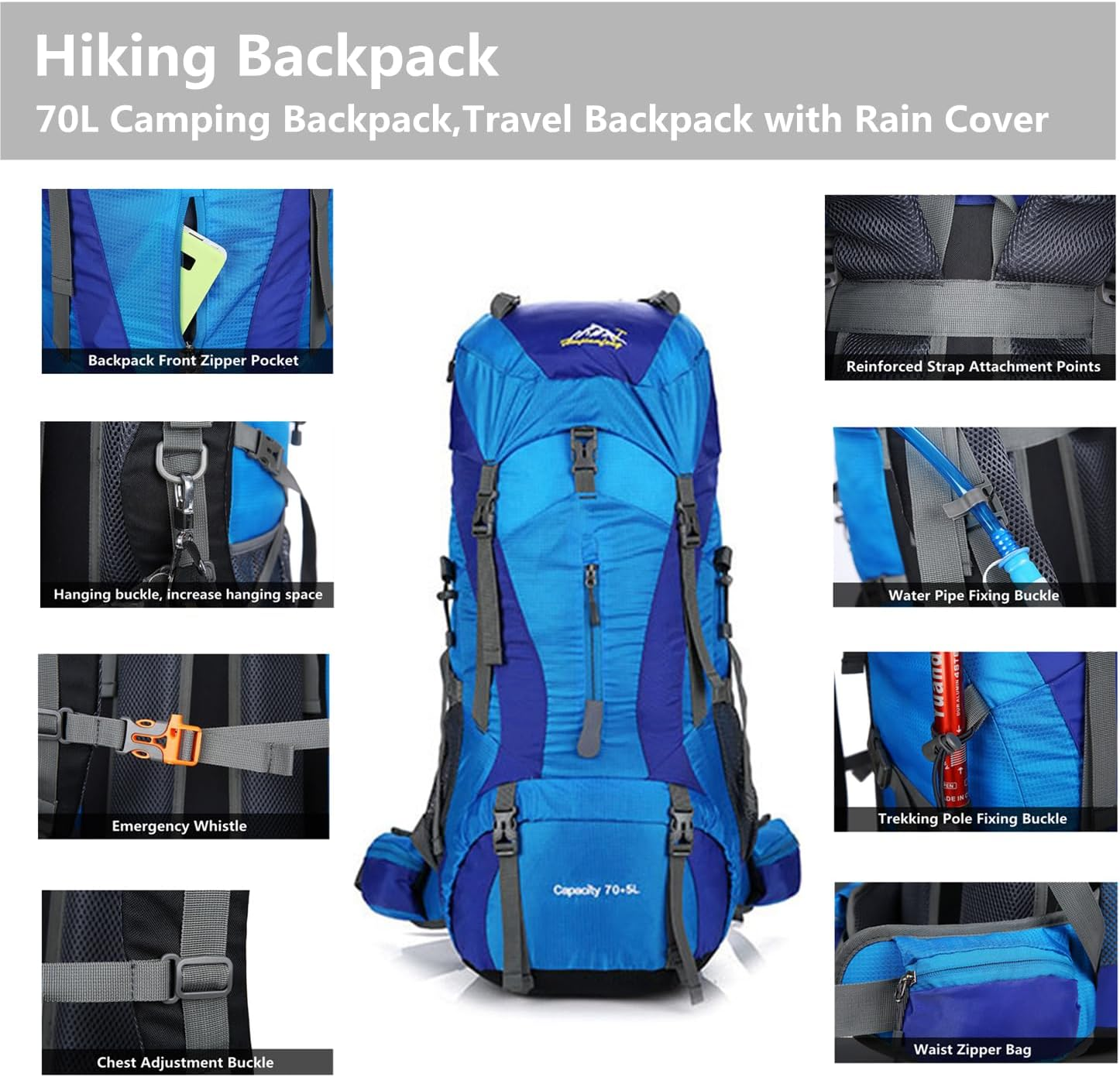 Hxdream Hiking Backpack,Hiking Travel Backpacks,70L Camping Backpack,Travel Backpack with Rain Cover,Suitable for Mountaineering, Camping, Tourism