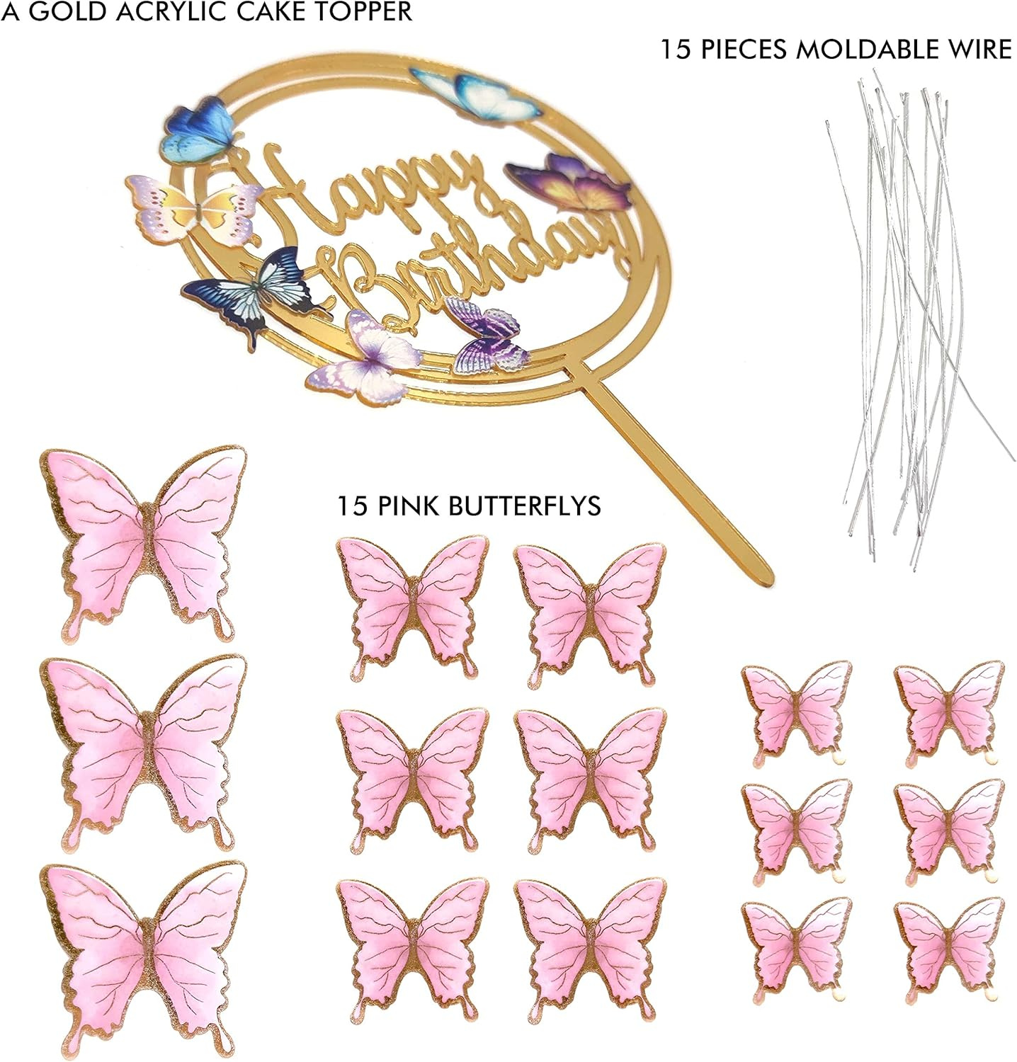 Butterfly Cake Toppers Decorations - 1 Big Happy Birthday Cake Topper & 15Pcs 3D Pink Gold Butterfly Cupcake Toppers - Butterfly Party Supplies for Baby Shower Birthday Decorating image number 2