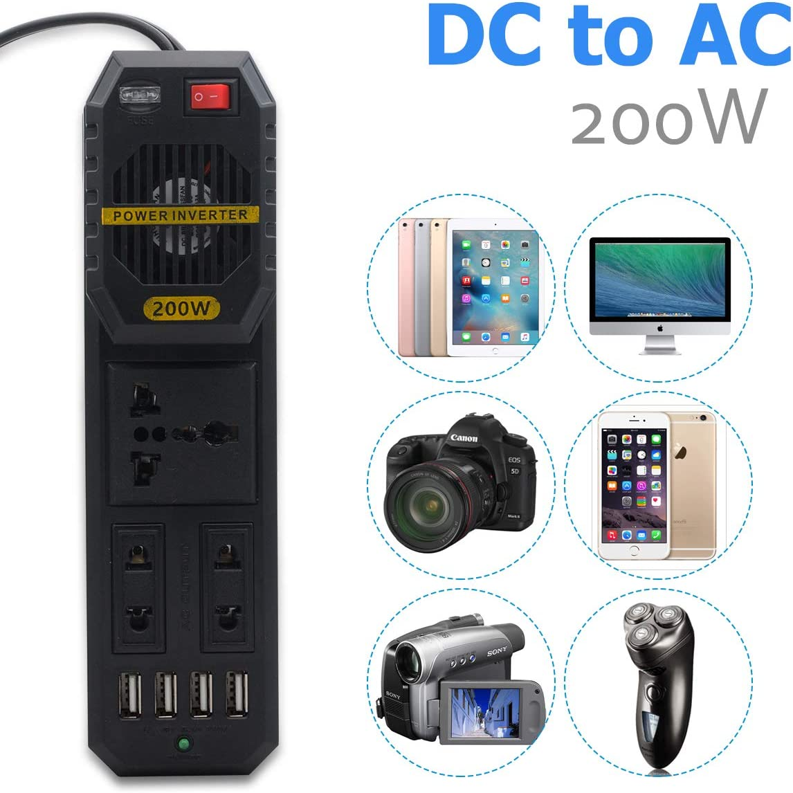 TOP-MAX Car Power Inverter 200W DC 12V to AC 220V Socket Converter Invertor 4USB Charger image number 2