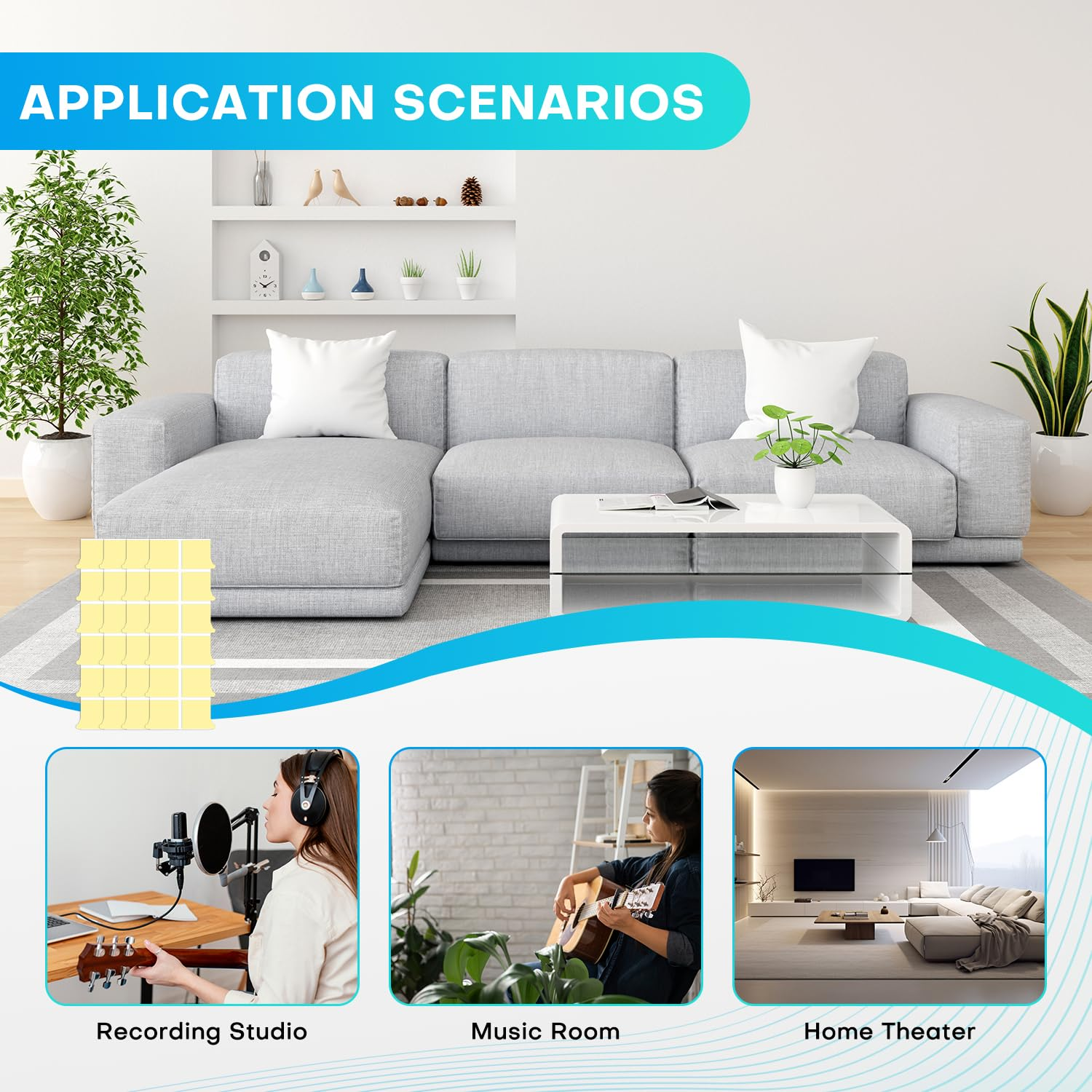 300 PCS Double-Sided Adhesive Tape for Acoustic Soundproofing Foam Panels, Heavy Duty Wall Panel Square Adhesive Pads, Pad Mounting Adhesive Double-Sided Tape Wall Sticky for Hanging image number 2