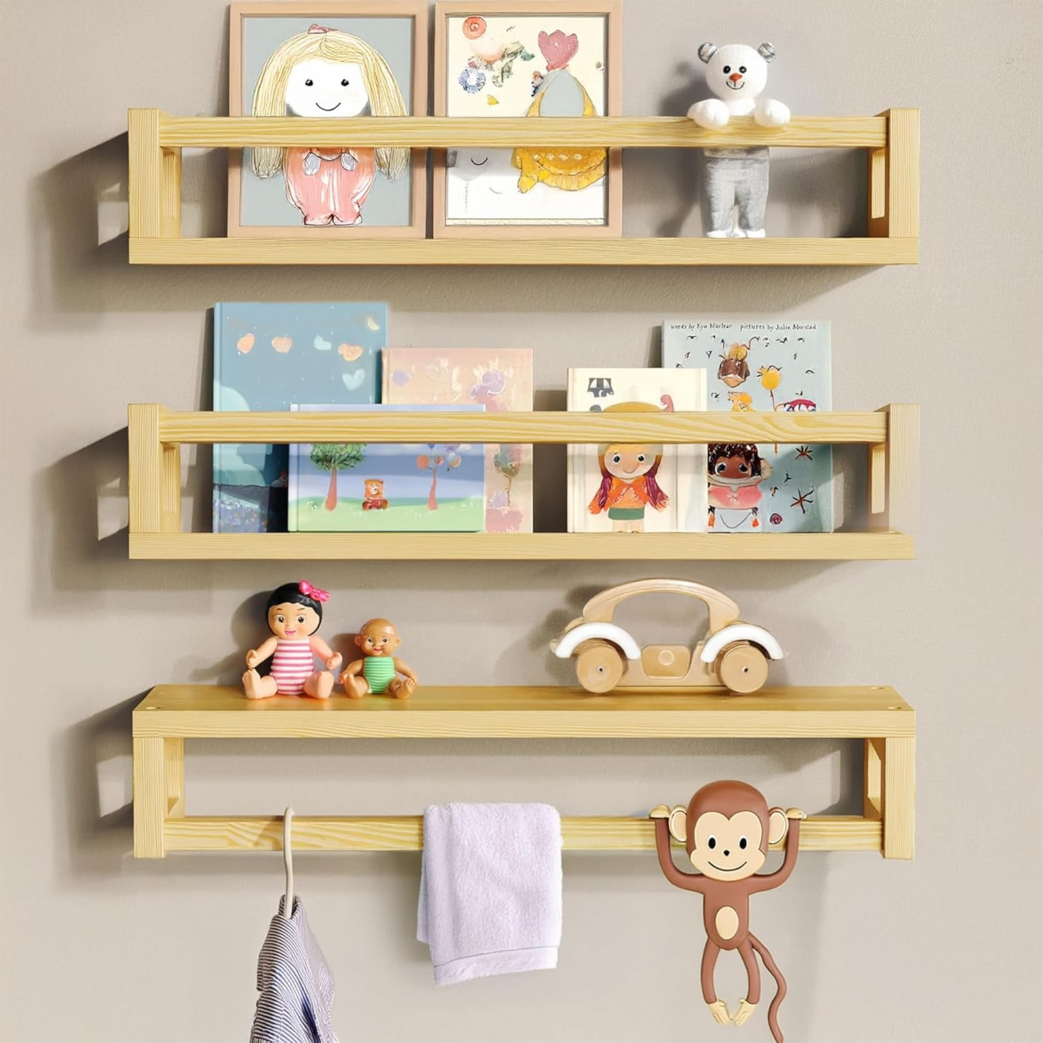 Floating Nursery Kids Book Shelves for Wall Set of 4, Wall Mounted Natural Solid Wood Furniture Bookcase Decor Storage Organizer Shelf for Bedroom Kitchen Bathroom Living Room (4, Natural)