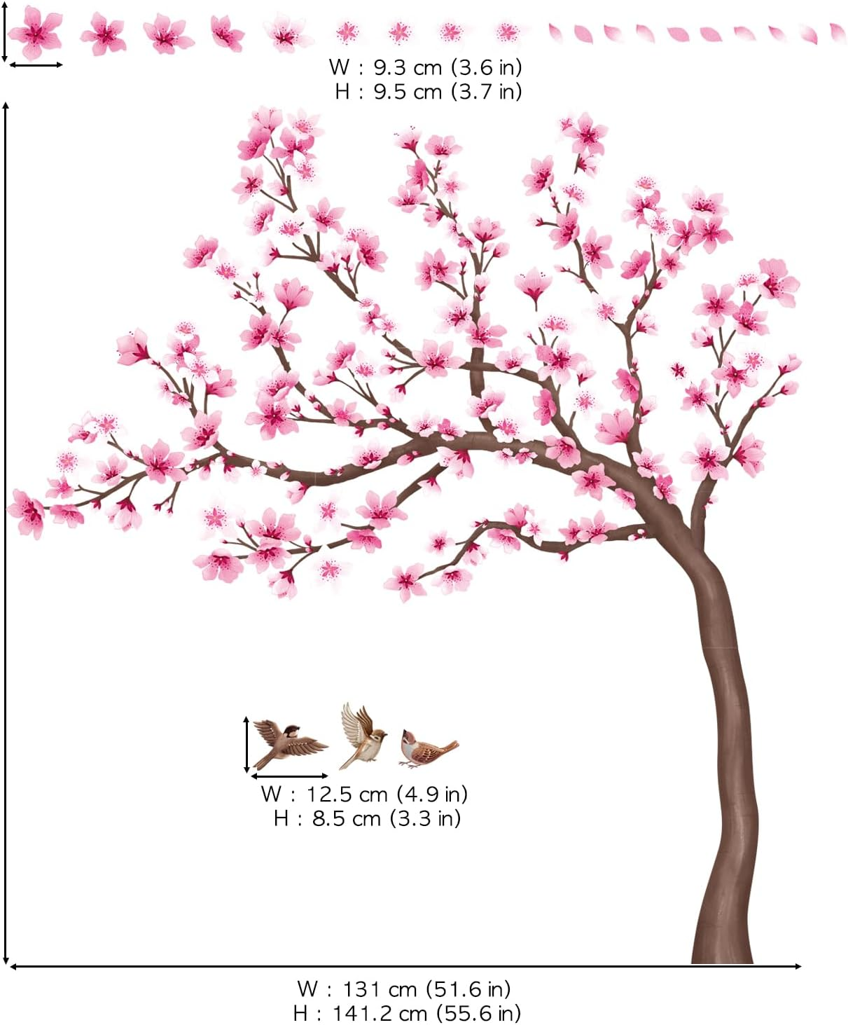 DECOWALL SG4-2431 Cherry Blossom Tree Wall Stickers Decals Kids Room Bedroom Living Flower Branch D&eacute;cor Pink Tv Birds Art Background Peel and Stick