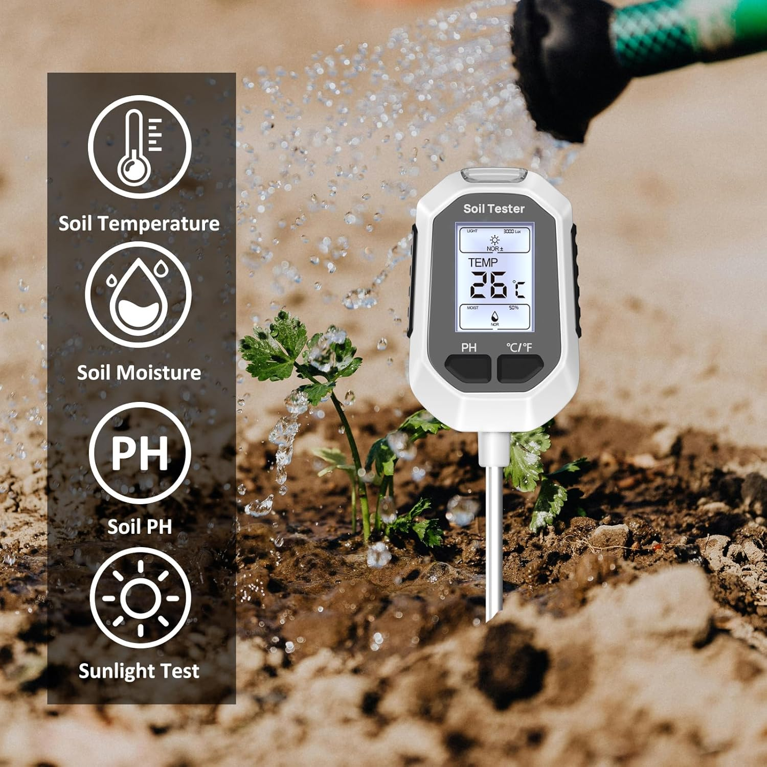 4-In-1 Soil Moisture Meter Digital Plant Temperature/Soil Moisture/Ph Meter/Sunlight Intensity Backlight LCD Display Soil Test Meter for Gardening, Farming and Outdoor Plants image number 6