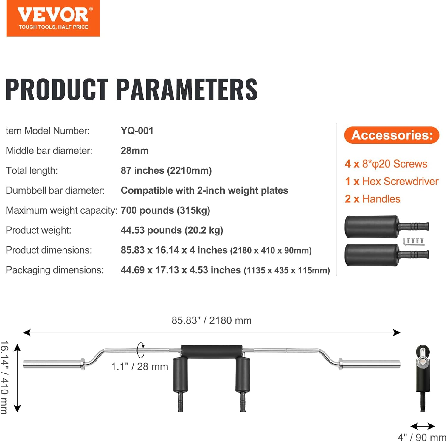 VEVOR Safety Squat Bar, 700 & 1500 LBS Fitness Squat Bar，Plus 500 LBS Hex Barbell Trap Bar, Home Gym for Squats, Deadlifts, Ideal for Front Squats, Lunges, Rehab, Physical Therapy