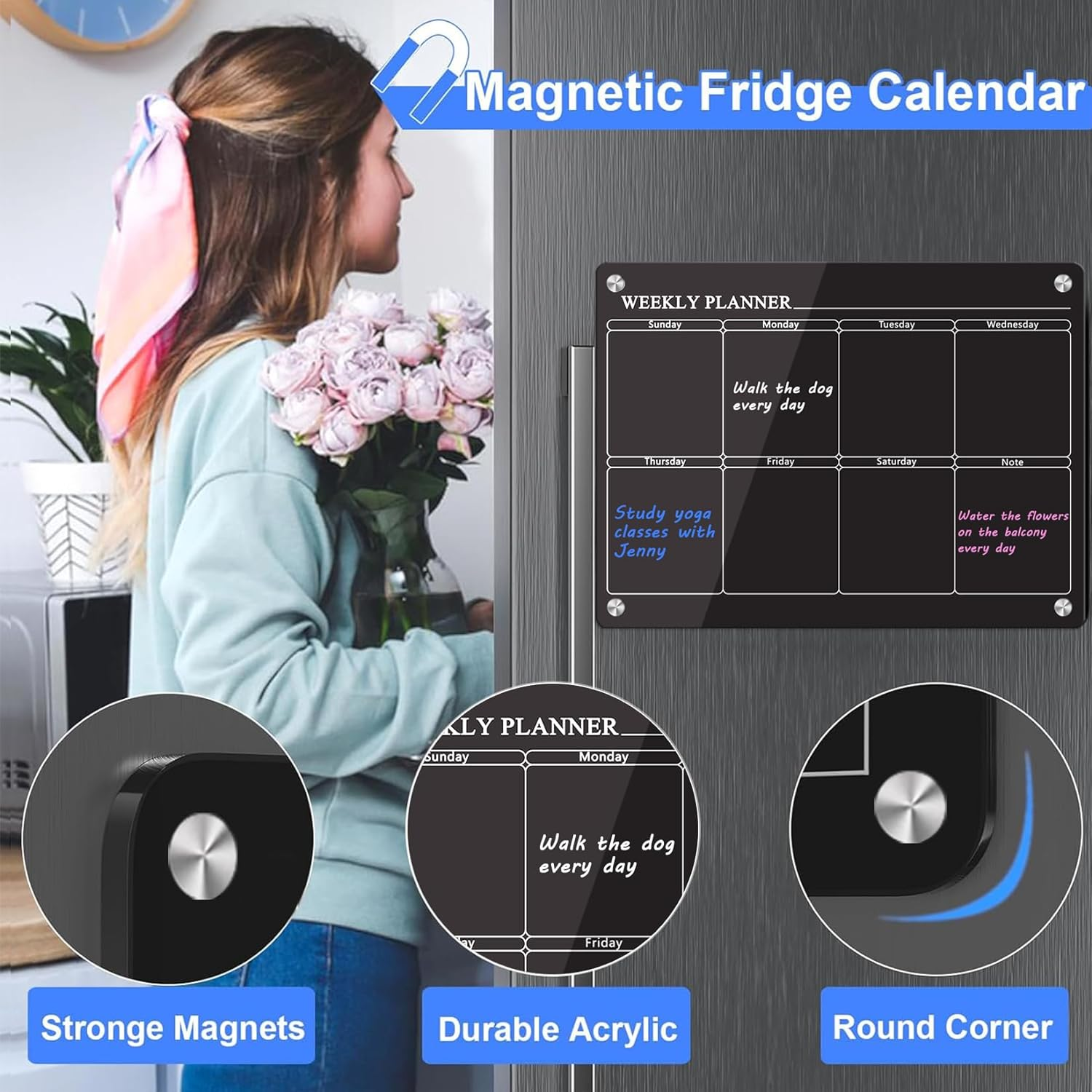 Acrylic Fridge Calendar for Refrigerator Monthly and Weekly Magnetic Planner Board Reusable Planner Board Organiser Board for Kitchen 2PCS Planning Boards Black image number 5