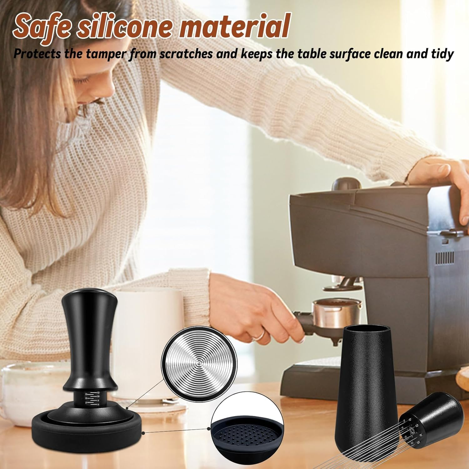 53Mm Espresso Tamper, with Spring Loaded Calibrated Espresso Tamper with Silicone Tamper Mat with Scale Adjustment, Espresso Distribution Tool, Stainless Steel Base Tamper for Espresso Coffee Machine image number 4