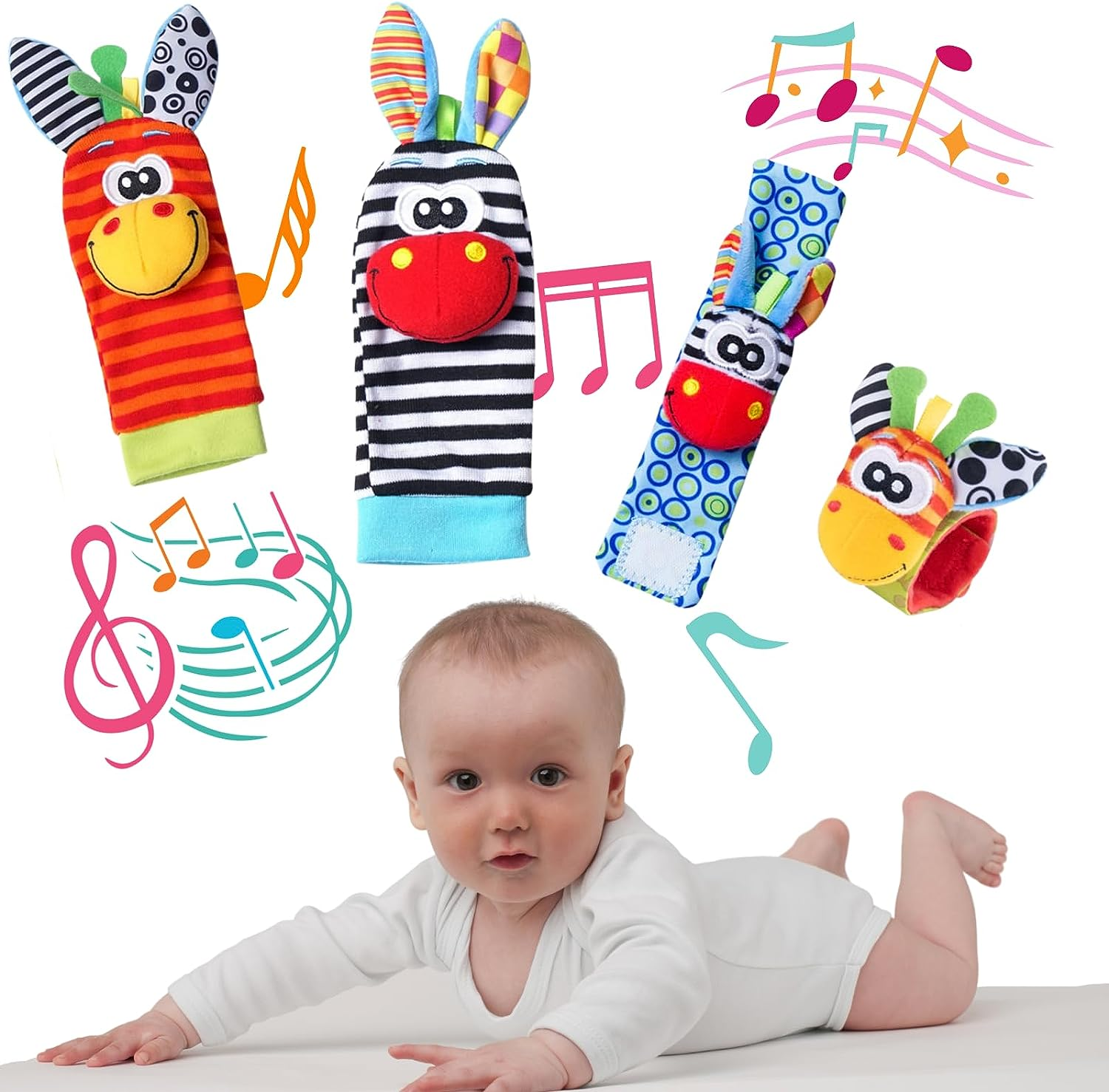 Baby Wrist Rattle Foot Finder Socks 4Pcs,Newborn Sensory Learning Toys for 0-3-6-12 Months, JOMWEN Cartoon Animal Rattles Tummy Time Toy Gift for Baby Boy Girl, Hand Bracelet Rattle Foot Socks