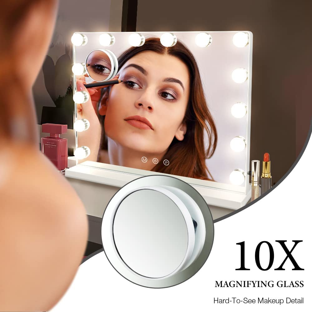 Depuley Hollywood Makeup Mirror, USB Touch Control Vanity Cosmetic Mirror with Lights, 14Pcs Led Dimmable Bulbs 3 Color Lighting Modes, with a Removable Magnetic 10X Magnifying Mirror (50*40Cm, White) image number 6