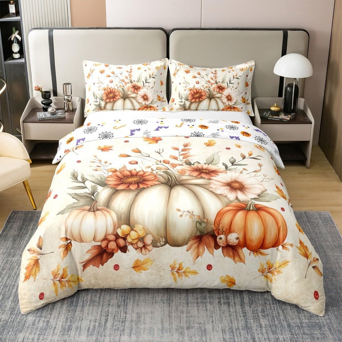 Homewish Aesthetic Watercolour Prints Pumpkin Cotton Duvet Cover for Children Boys Teenagers Maple Leaves Bed Linen 155 X 220 Cm Autumn Plants Flowers Leaves Nut Fruit Bedding Set Autumn Harvest Bed