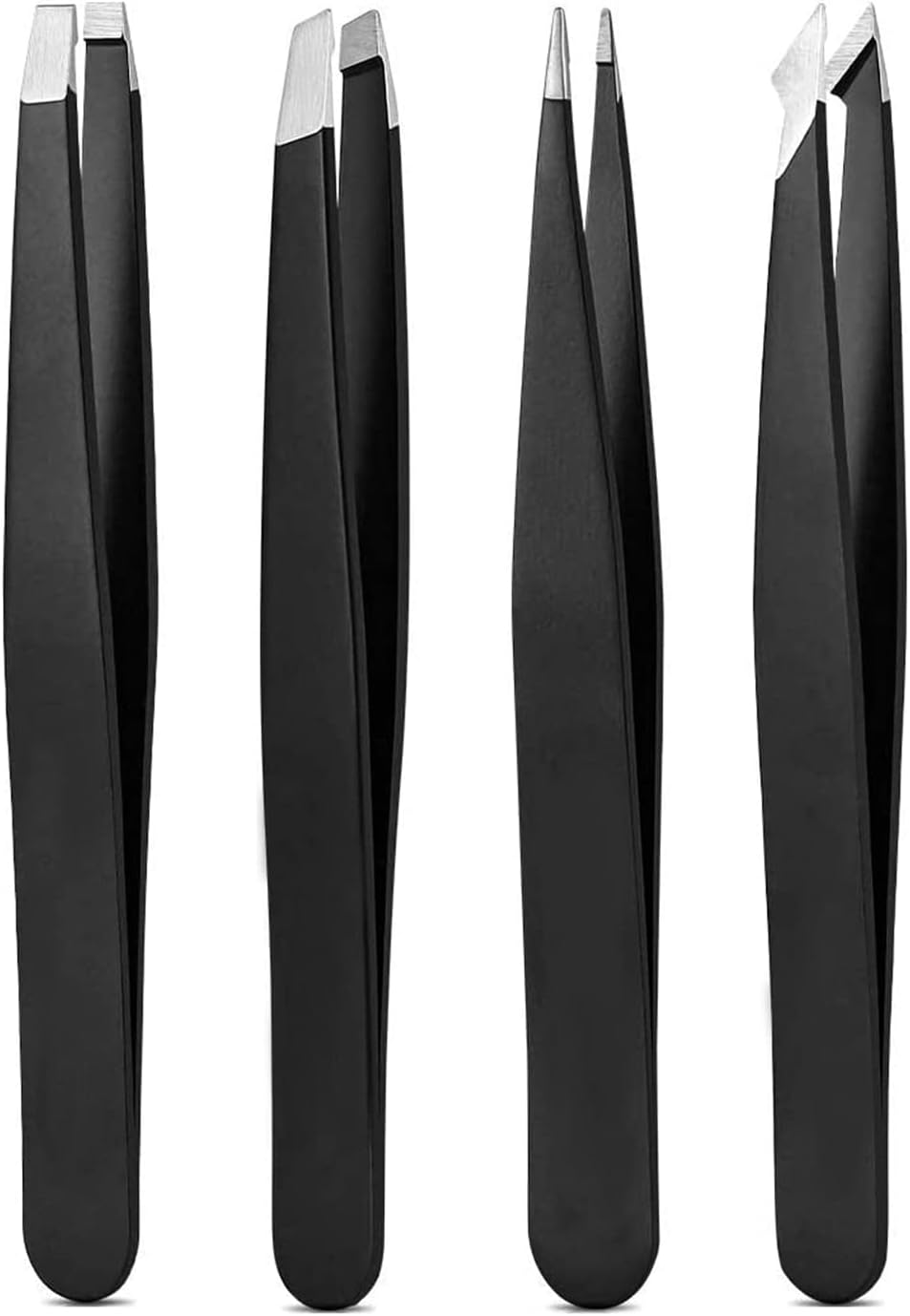 Tweezers Set, High Precision Stainless Steel Eyebrow Tweezers for Facial Hair, Inward Growing Hair and Splinter Remover Kit, Suitable for Women and Men, 4-Piece Set. (Black)