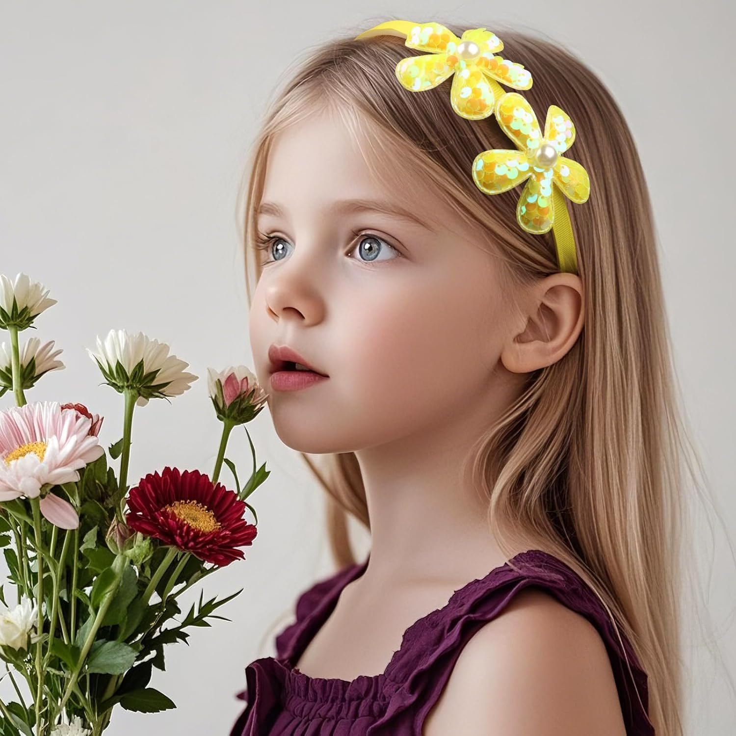 Yellow Flower Headband,Spring Summer Hairband for Women,Yellow Glitter Floral Hair Hoop,Non-Slip Headpiece Hair Accessories for Birthday (Yellow, One Size) image number 3