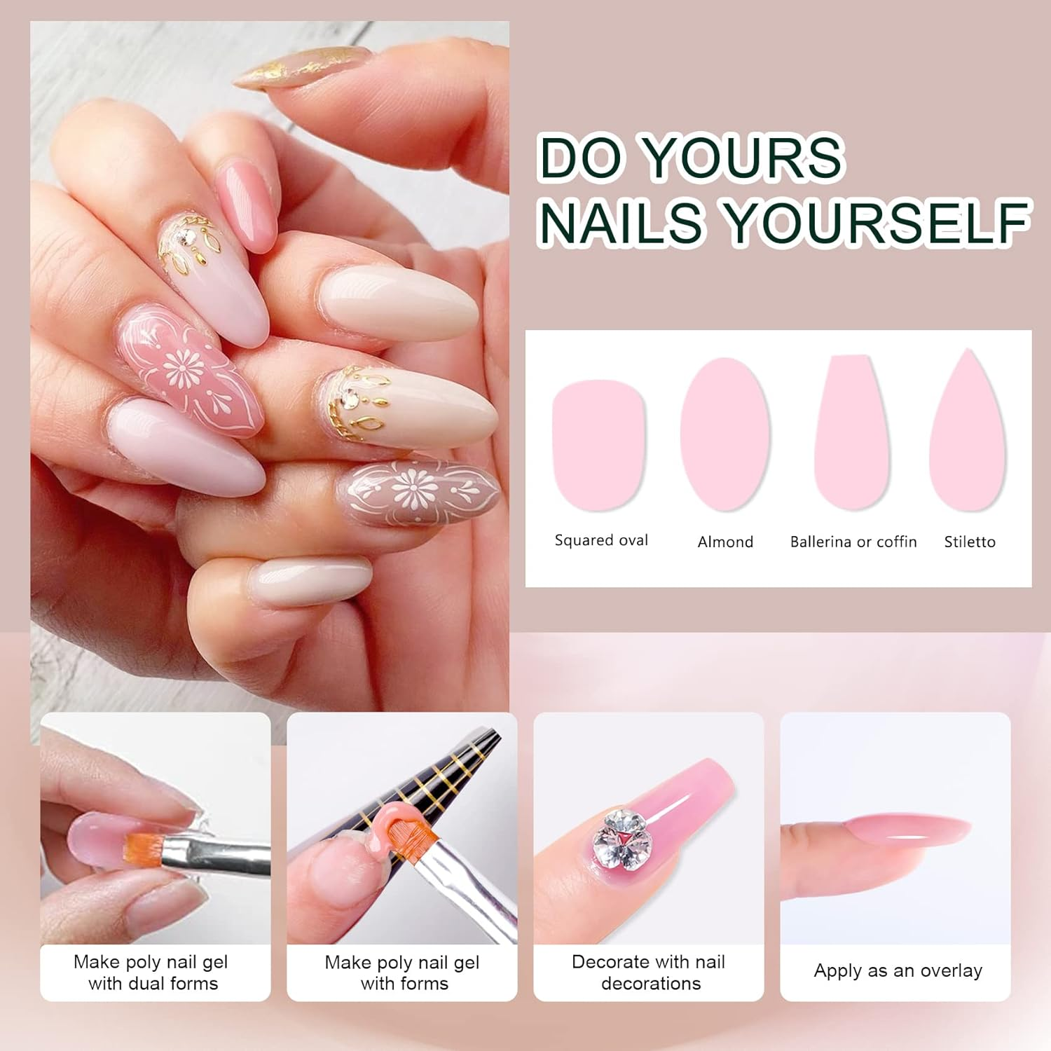 Poly Gel Nail Extension Kit, 8 Colors Clear Nude Pink Poly Gel Set Nail Enhancement Builder Nail Gel Poly Gel Colors for Beginners DIY Home Salon image number 6
