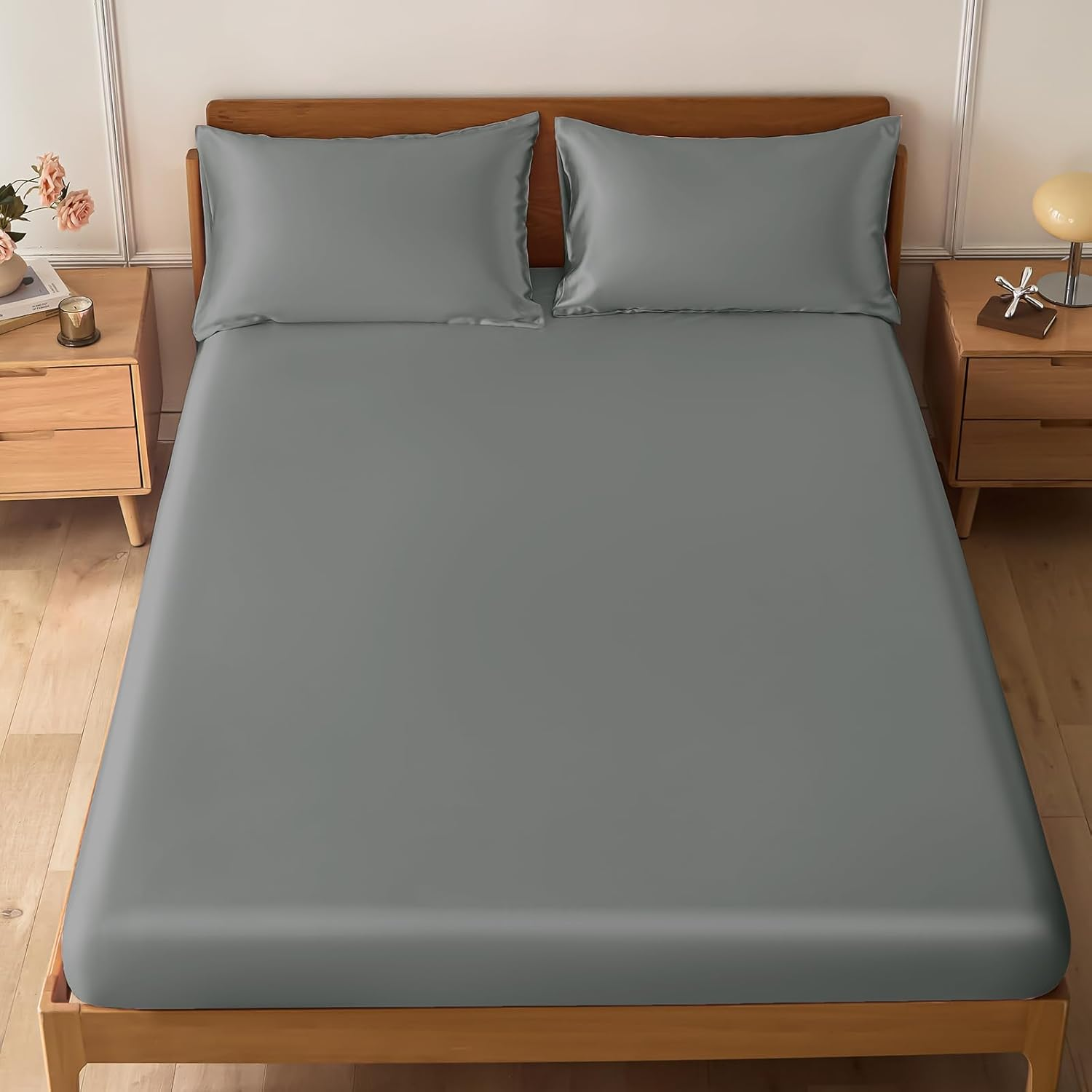 VACVELT 3-Piece Satin Fitted Sheet Set King Size, Grey Bottom Bed Sheet with 2 Pillowcases, Similar to Silk Sheets, Luxury & Silky Bedding Set, 15 Inch Deep Pocket image number 6